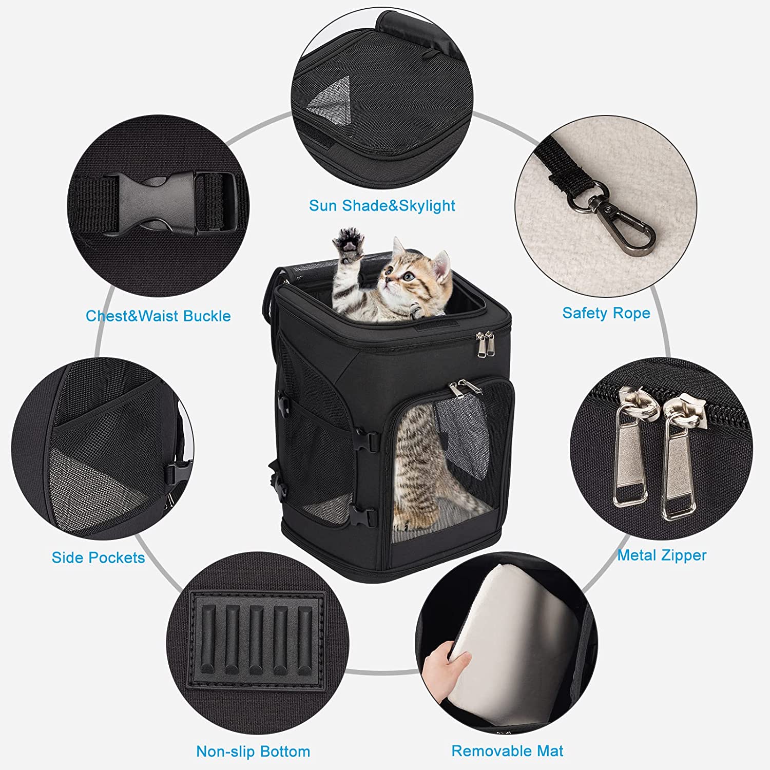 Pet Carrier Backpack with Detachable Side Pockets for Cats and Dogs, Expandable Cat Dog Puppy Carrier Backpacks, Airline Approved, for Travel / Hiking / Outdoor Use, Black