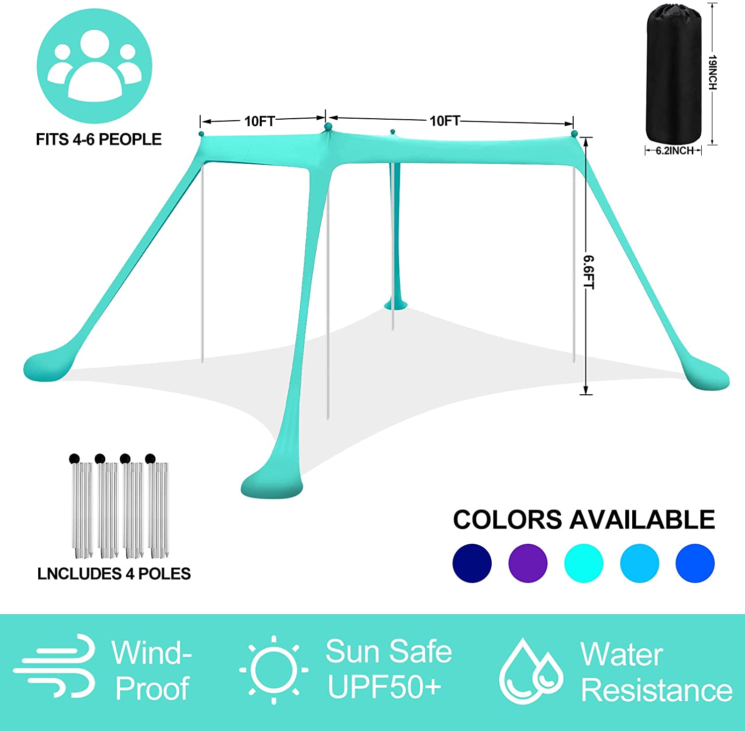 Beach Shade Canopy UPF50+ Portable Windproof Beach Tent Pop Up Sun Shelter with Anti-Wind Ropes and Carrying Bag for Camping， Fishing， Backyard， Picnics(7x7.5FT