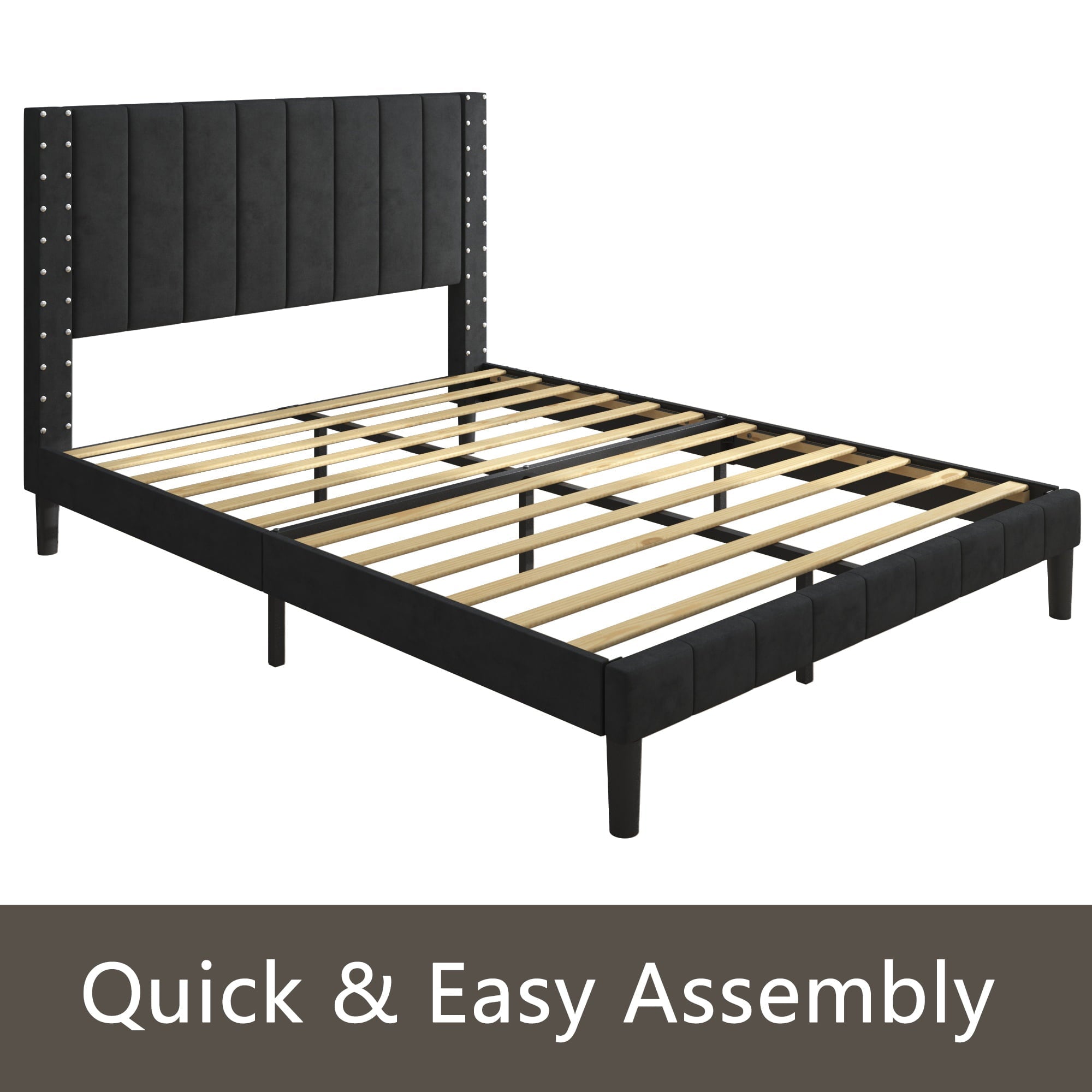 Black Queen Bed Frame for Adults Kids, Modern Fabric Upholstered Platform Bed Frame with Headboard, Queen Size Bed Frame Bedroom Furniture with Wood Slats Support, No Box Spring Needed