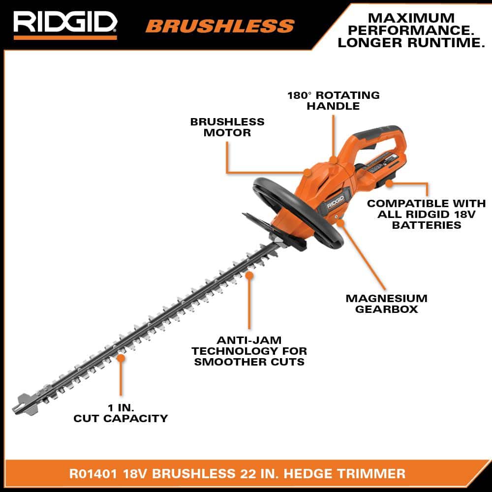 RIDGID 18V Brushless Cordless Battery 22 in. Hedge Trimmer (Tool Only) R01401B