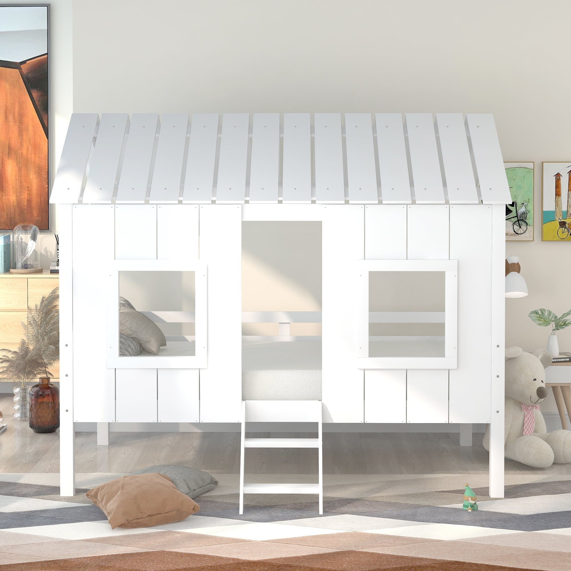 Euroco Twin Loft Bed House Bed with Roof for Child, White