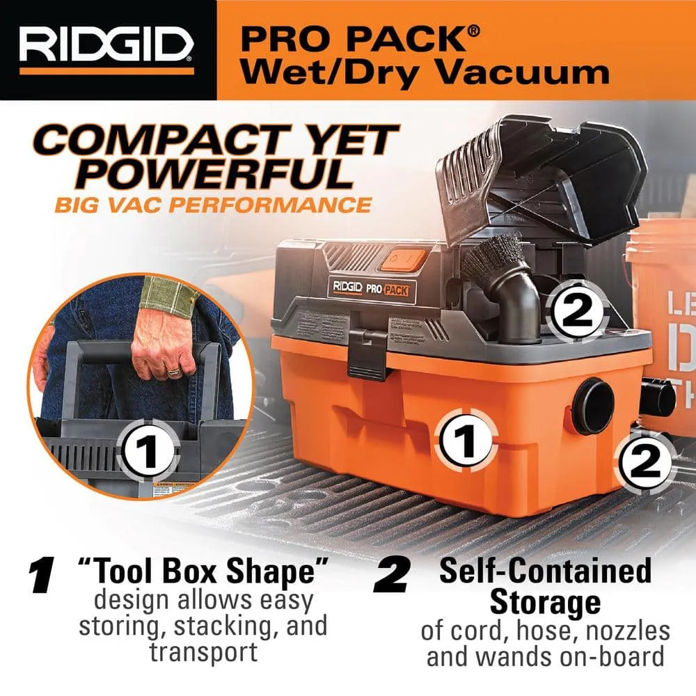 RIDGID 4.5 Gallon 5.0 Peak HP ProPack Wet/Dry Shop Vacuum with Fine Dust Filter, Expandable Locking Hose and Accessories WD4522