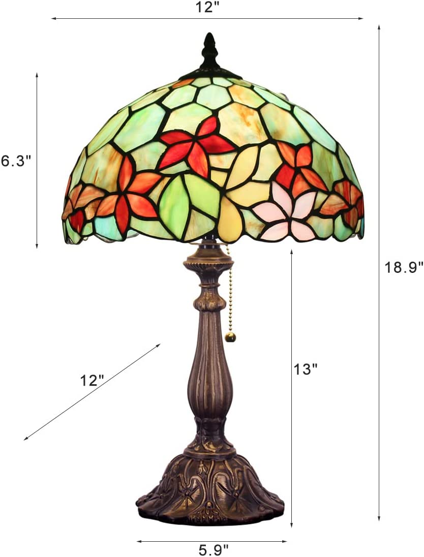 SHADY  Style Table Lamp W12H19 Inch Stained Glass Flower Antique Bedside Nightstand Desk Reading Lamp Work Study Desktop Light Decor Home Kids Bedroom Living Room Office Pull Chain