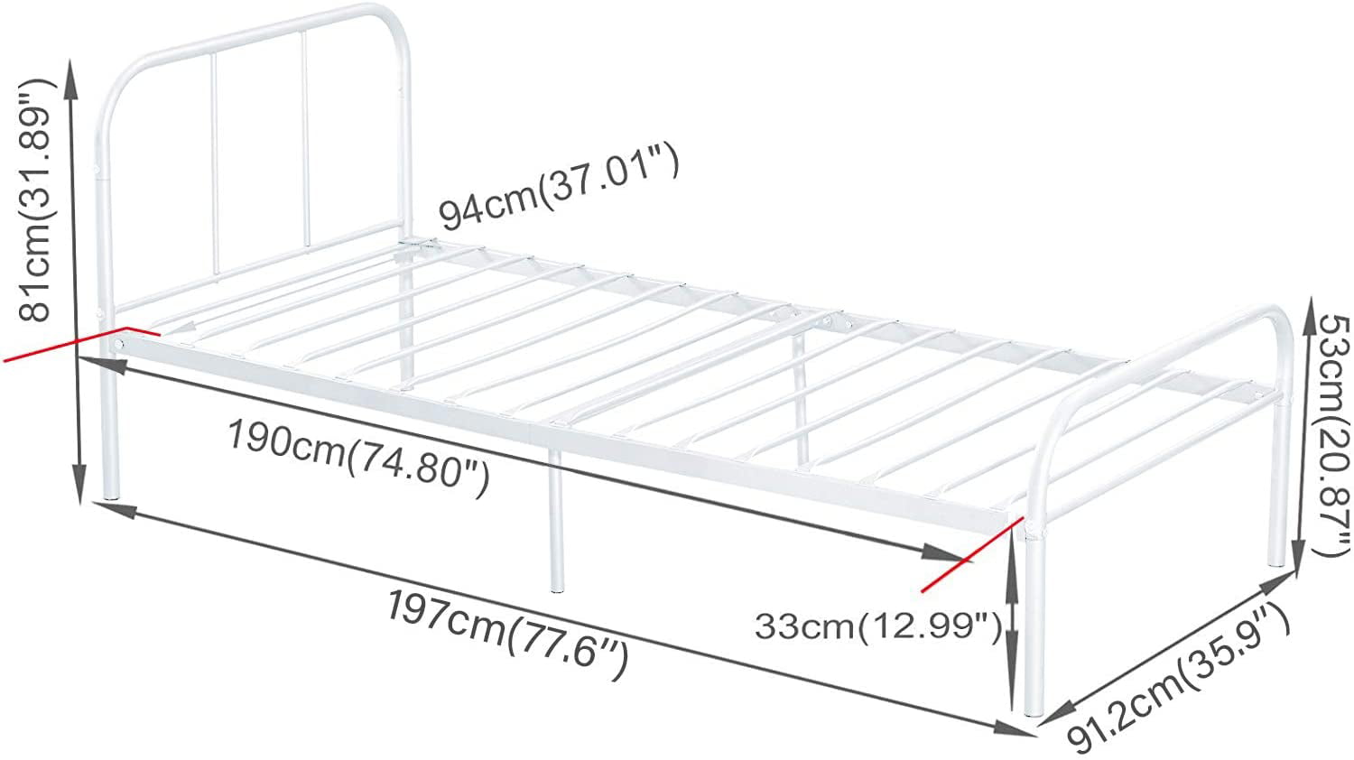 Voilamart Twin Metal Bed Frame with Headboard and Footboard, Single 6 Legs Platform Mattress Foundation for Kids Adult, No Box Springs Need, White