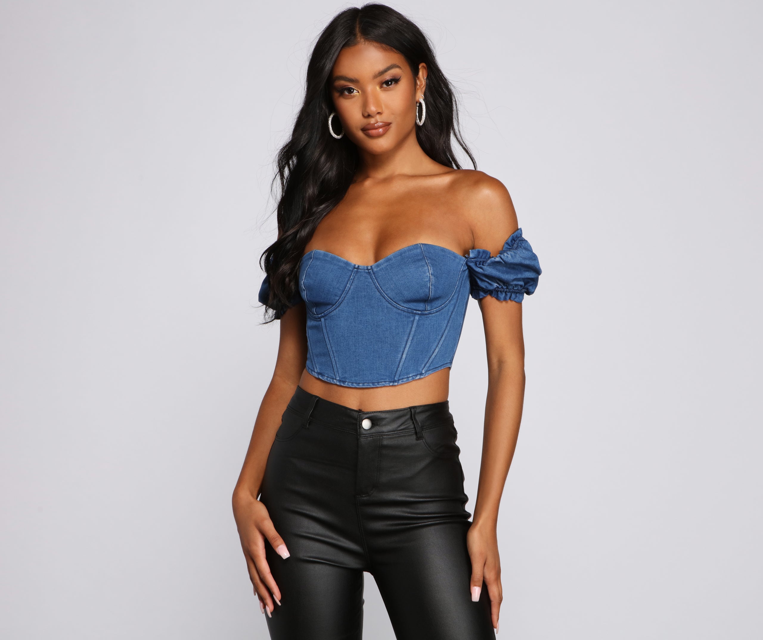 Fab And Chic Denim Puff Sleeve Bustier