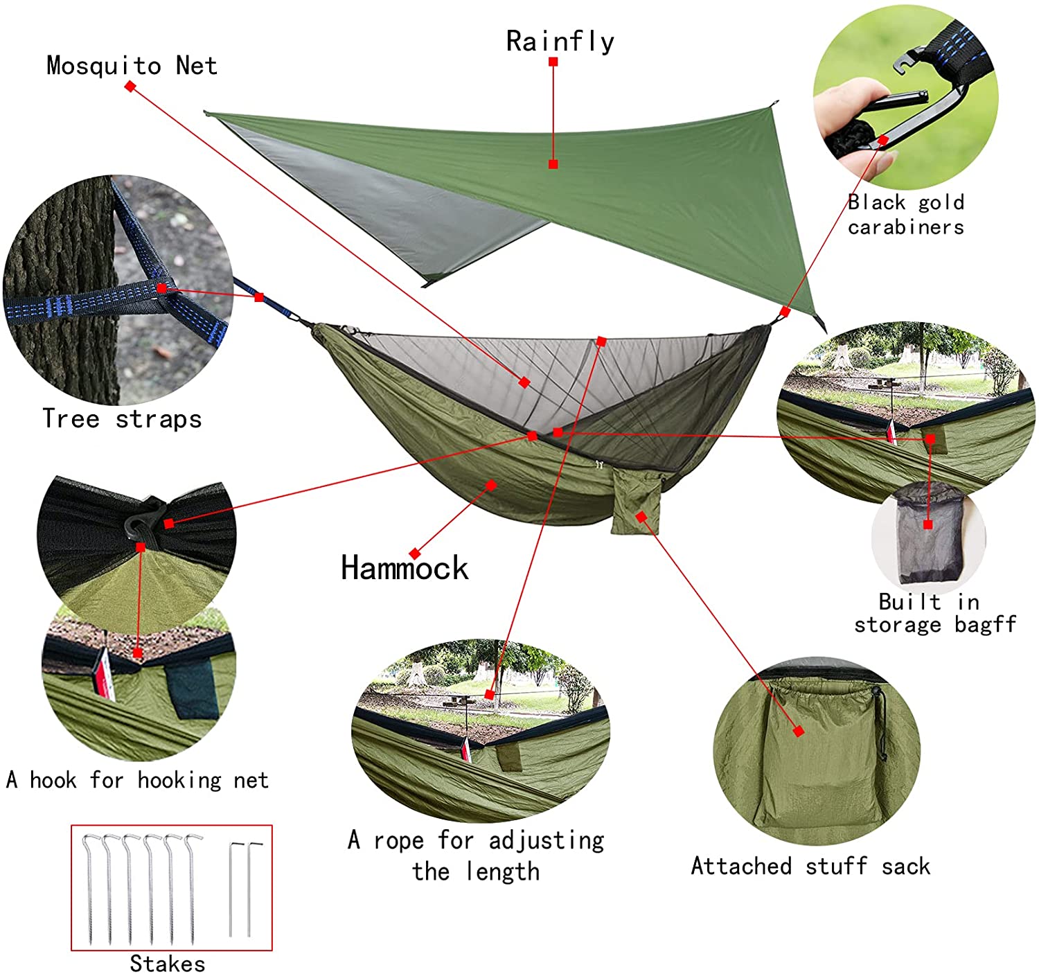 Camping Hammock with PU Rain Fly Tarp and Mosquito Net Tent Tree Straps, Portable Single Double Nylon Parachute Hammock Rainfly Set for Backpacking Hiking Travel Yard Outdoor Activities Army green
