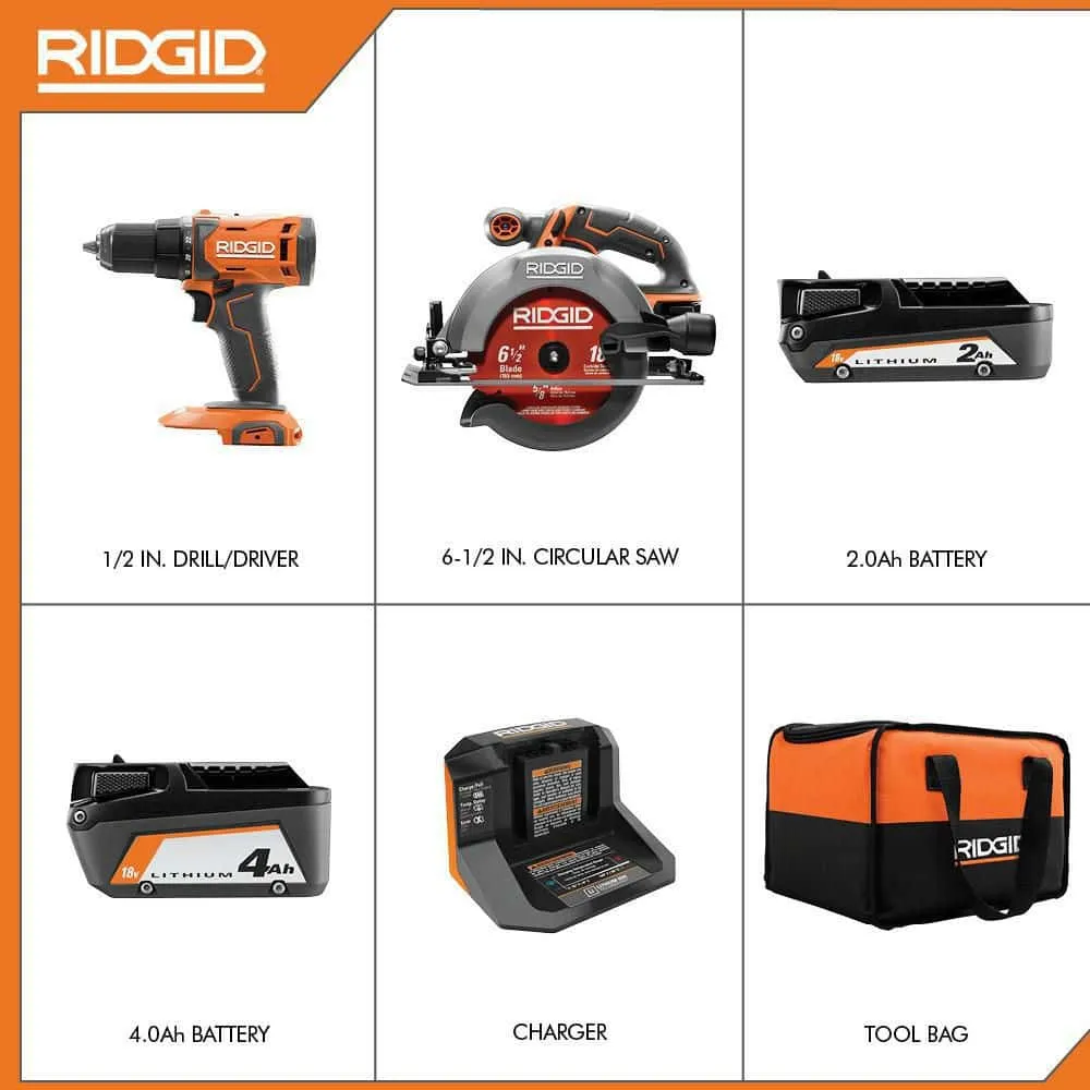 RIDGID 18V Cordless 1/2 in. Drill/Driver and 6-1/2 in. Circular Saw Combo Kit with 2.0 Ah and 4.0 Ah Battery, Charger, and Bag R9207