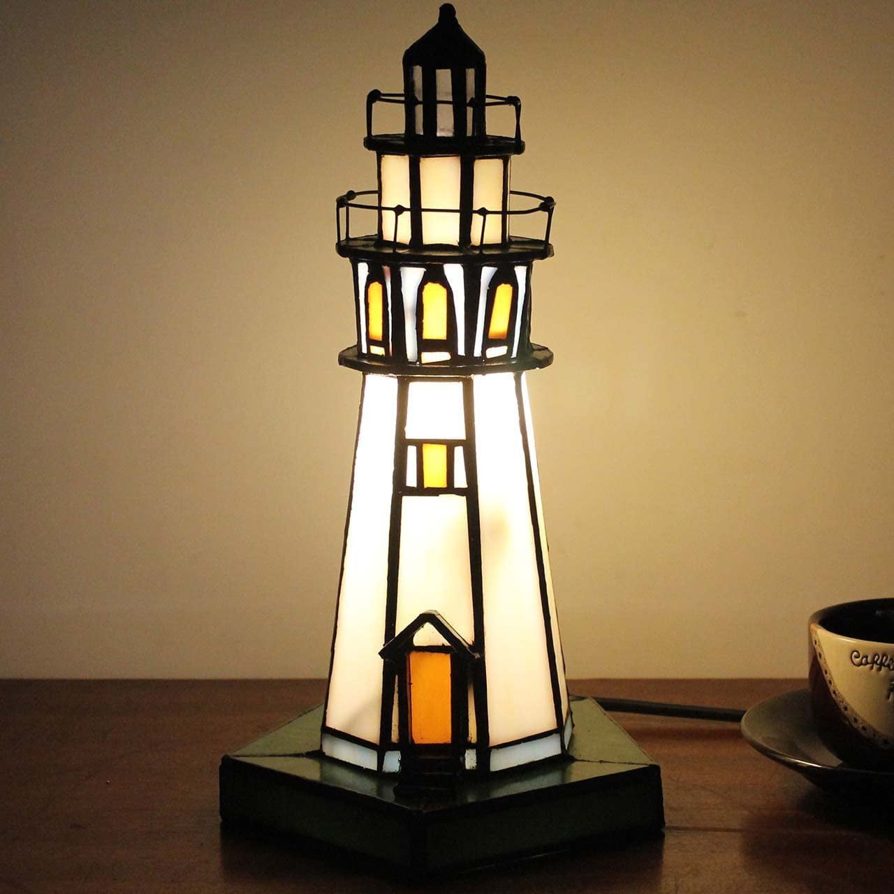 SHADY L10221 Lighthouse 10 inch  Style Stained Glass Accent Table Lamp  Night Light