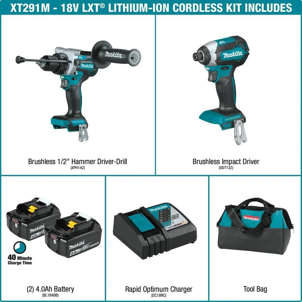 Makita 18V LXT Lithium-Ion Brushless Cordless 2-Piece Combo Kit (Hammer Drill/Impact Driver) 4.0Ah XT291M