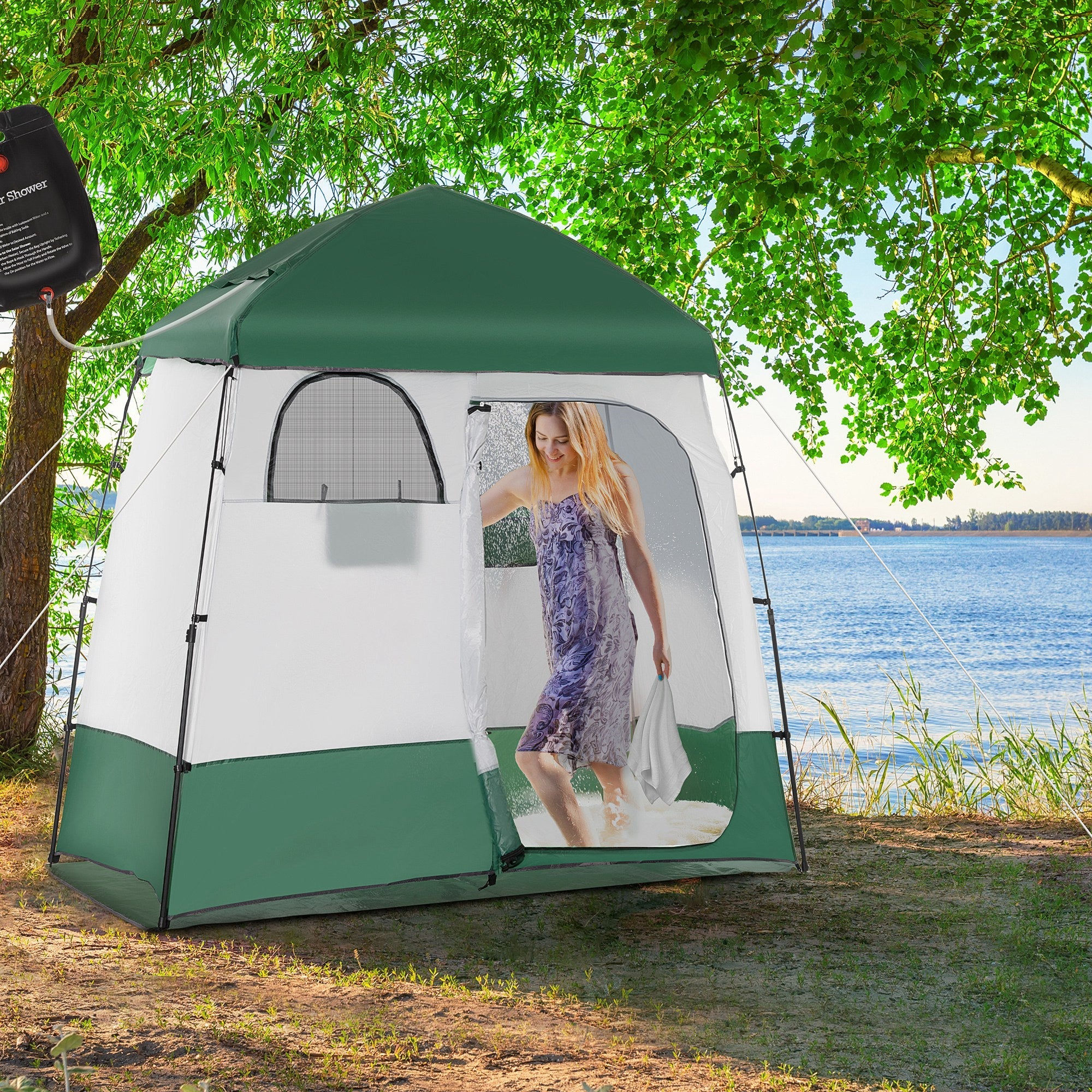 Outsunny Shower Tent, Pop Up Privacy Shelter for Camping, Dressing Changing Room, Portable Instant Outdoor Shower Tent Enclosure w/ 2 Rooms, Shower Bag, Floor and Carrying Bag, Green