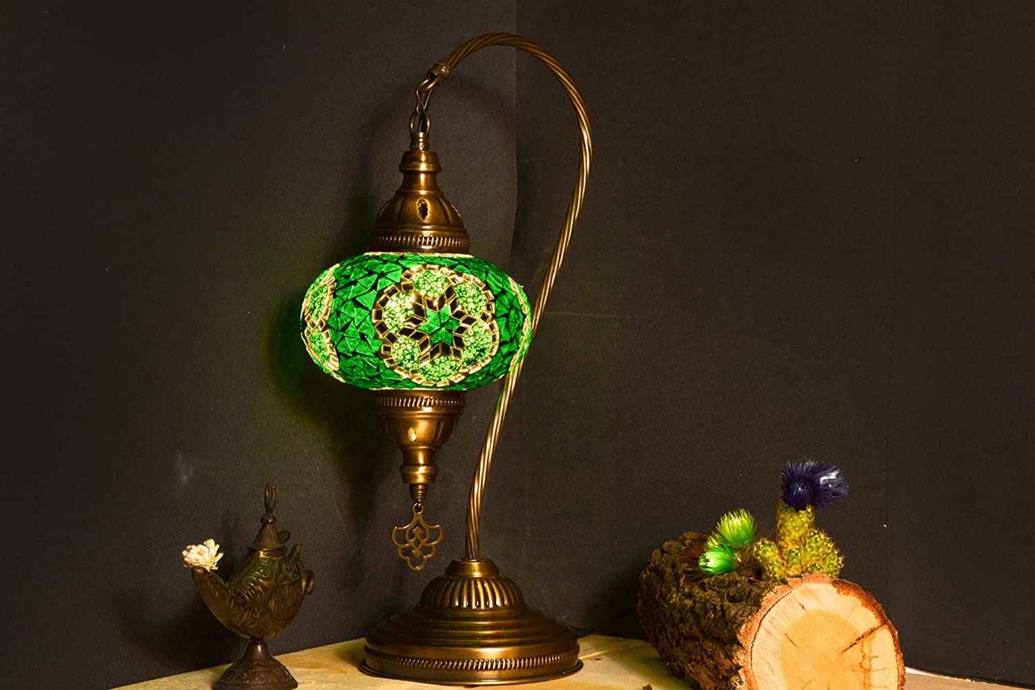 GEDUBIUBOO Moroccan Mosaic  Style Desk Lamp  Turkish Stained Glass Handmade Bedside Gooseneck Table Lamp  Bohemian Living Room Vintage Light with E12 Socket &amp;  Plug (Dark Green
