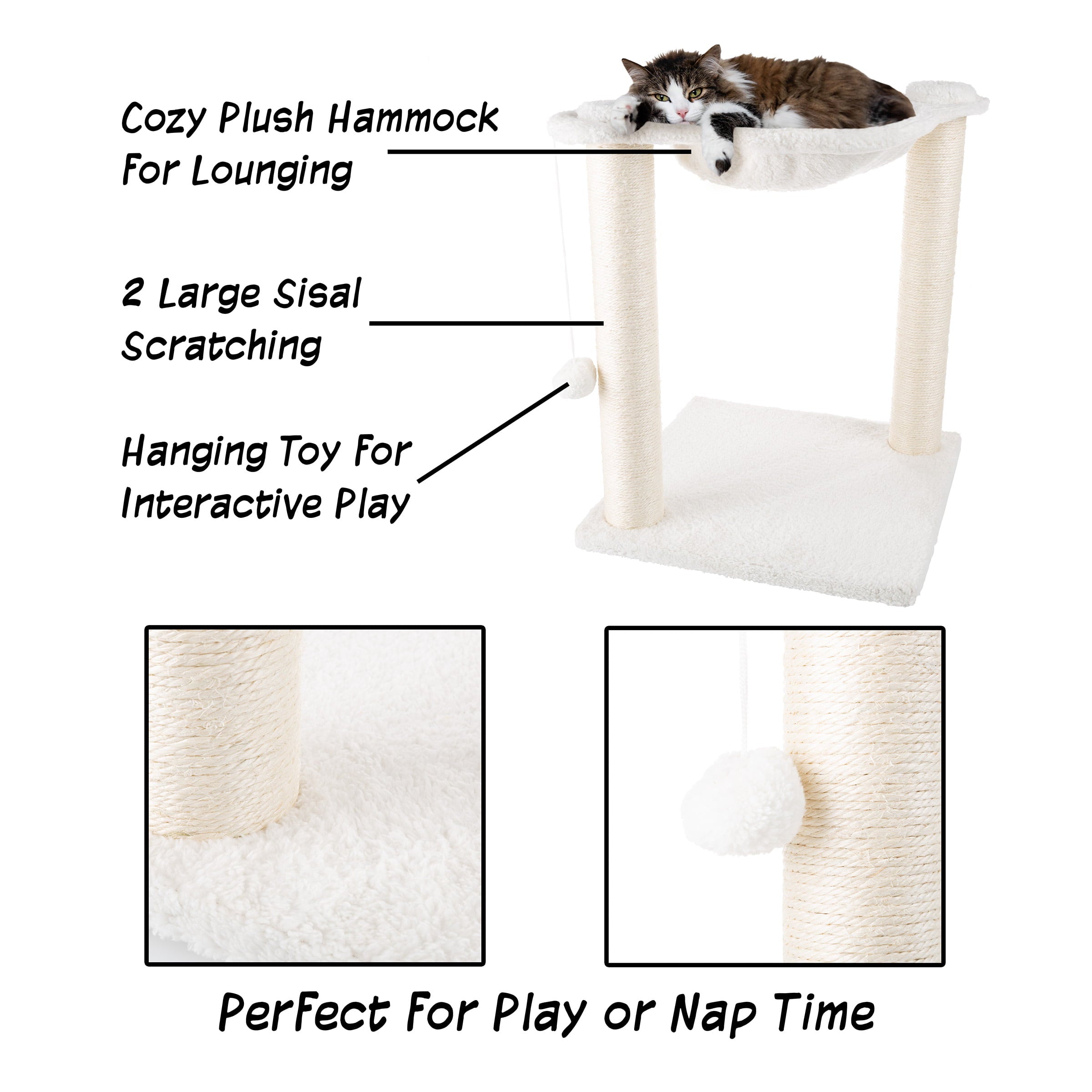 19-Inch Cat Scratching Post with Hammock – Sisal Fabric and Carpet Small Cat Tree， Hanging Ball Toy for Adult Cats and Kittens by PETMAKER (White)
