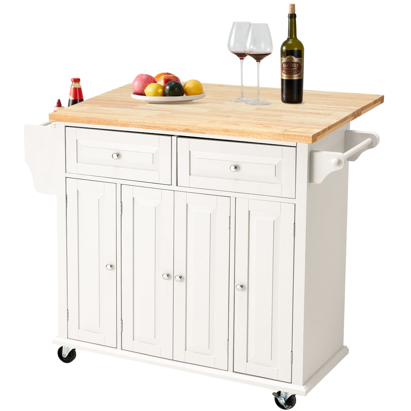 Rolling Kitchen Island Cart with Storage， Kitchen Cart with Drop-Leaf Rubber Wood Tabletop， Lockable Wheels， Trolley Cart Utility Cabinet， Towel Rack， Spice Rack Off-White