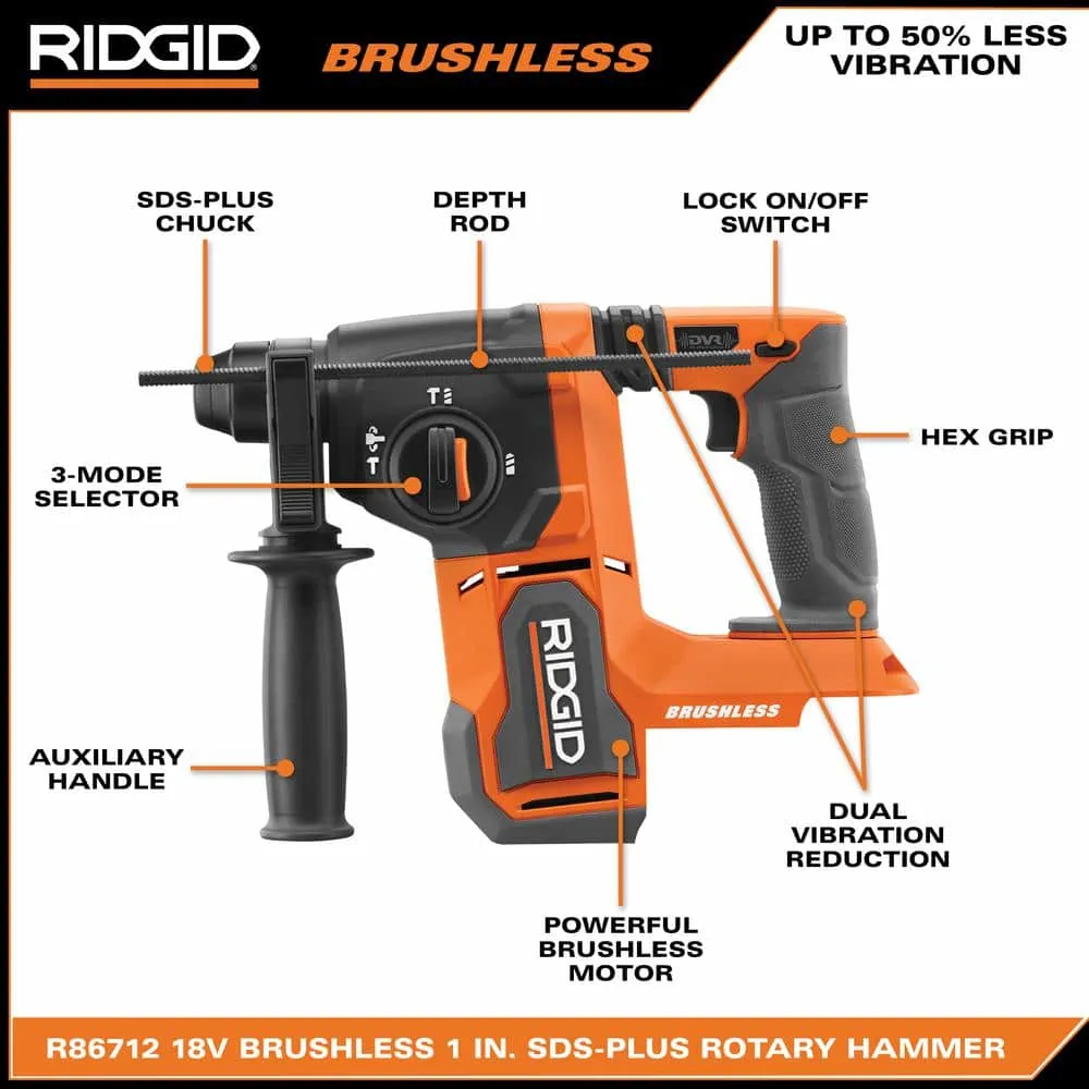 RIDGID 18V Brushless Cordless 1 in. SDS-Plus Rotary Hammer (Tool Only) R86712B