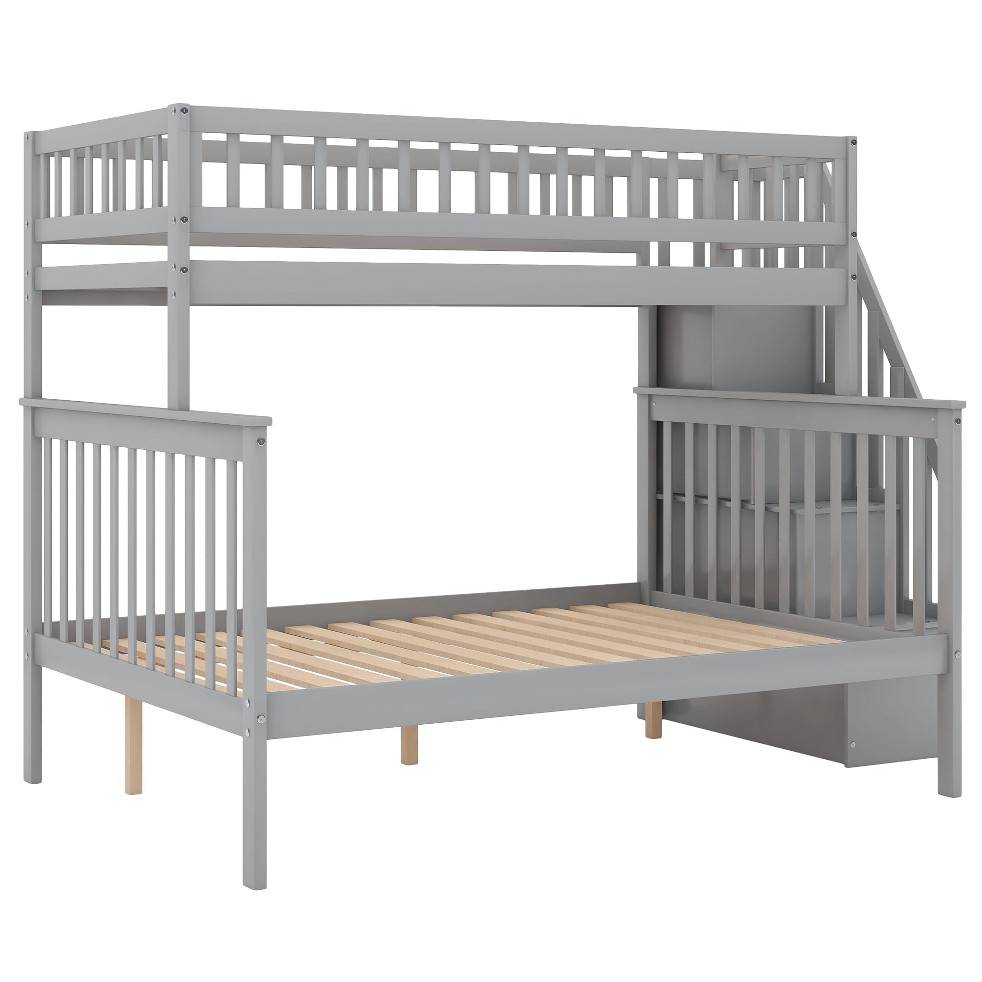 Twin over Full Bunk Bed with Stairs and Storage for Kids, Gray
