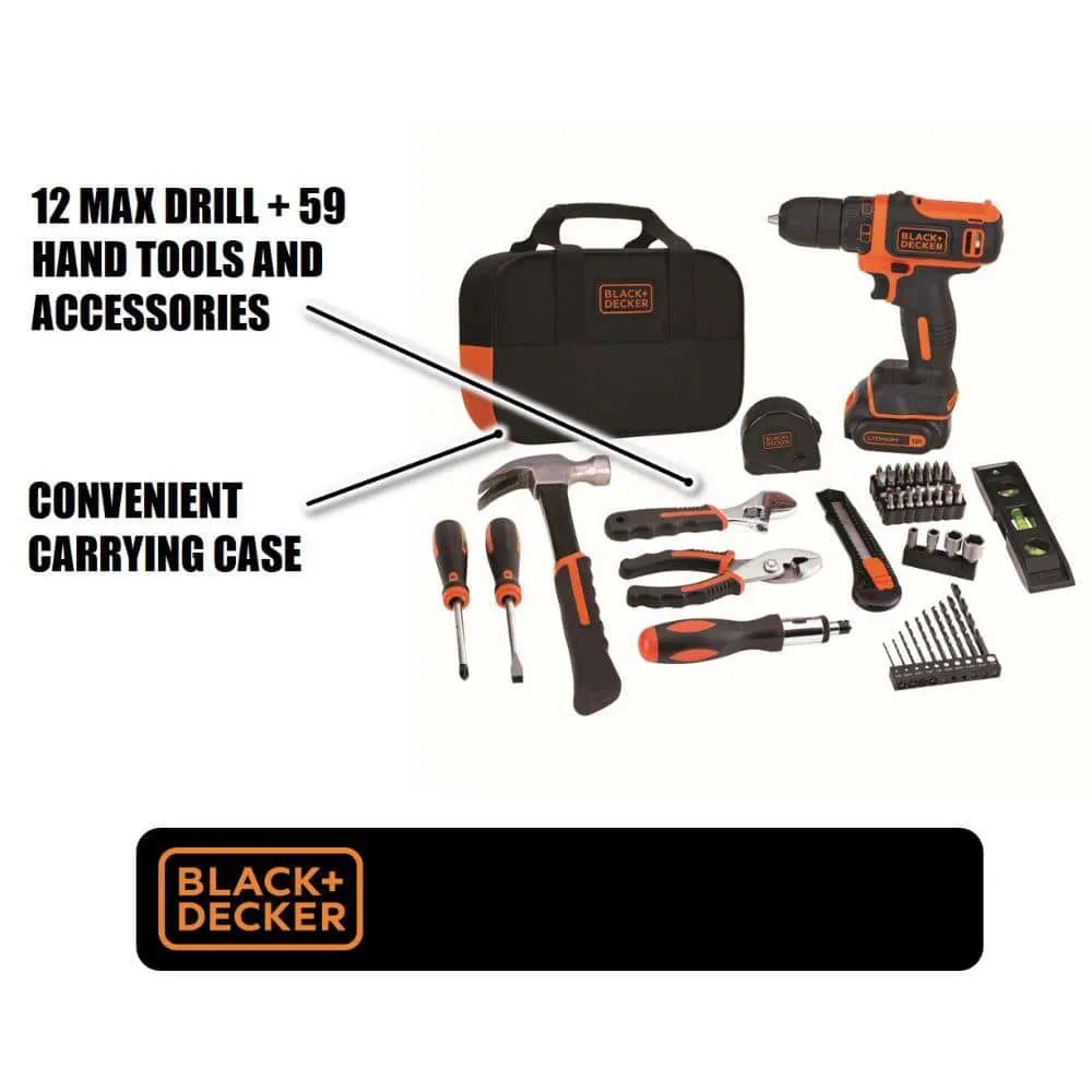 BLACK+DECKER 12V MAX Lithium-Ion Cordless Project Kit (57 Piece) with (1) 1.5Ah Battery, Charger, and Tool Bag BDCDD12PK