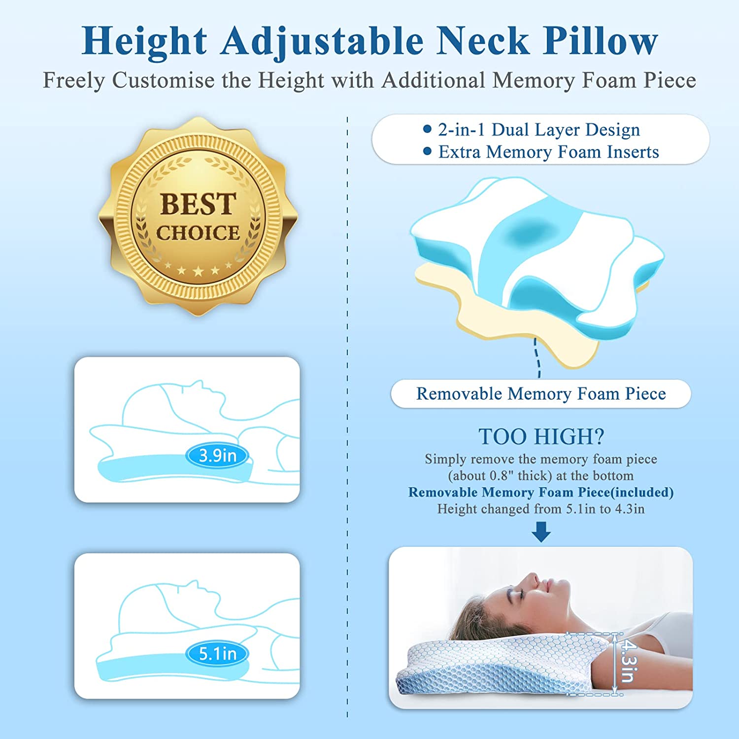 DIKI Cervical Memory Foam Pillow - Adjustable Contour Pillow for Neck Pain Relief, Orthopedic Neck Support Sleeping Pillow for Side Back Stomach Sleeper, Ergonomic Bed Pillow for Neck Pain, Blue White
