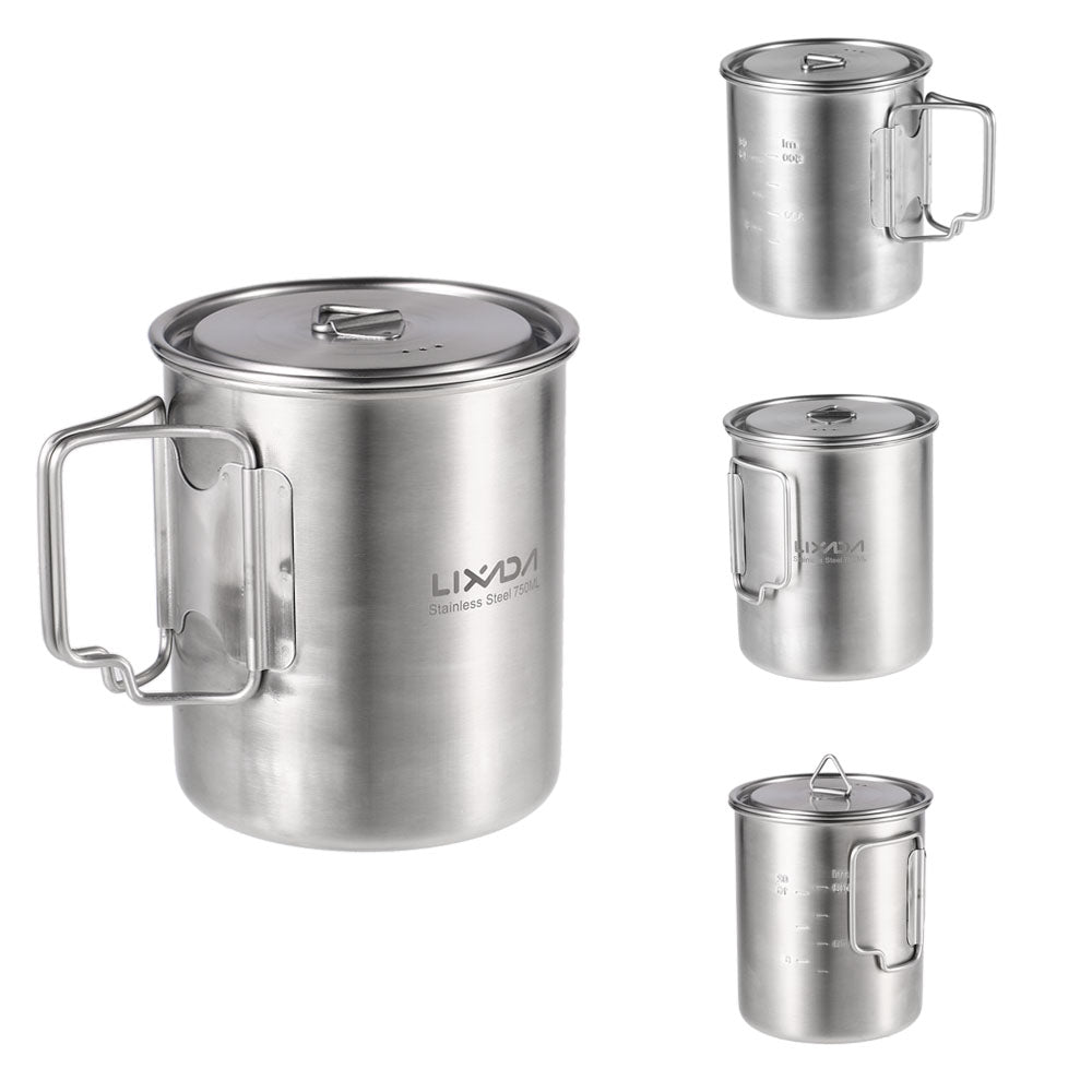 Lixada 750ml Cup Outdoor Stainless Steel Water Cup Mug with Foldable Handles and Lid for Camping Hiking Backpacking
