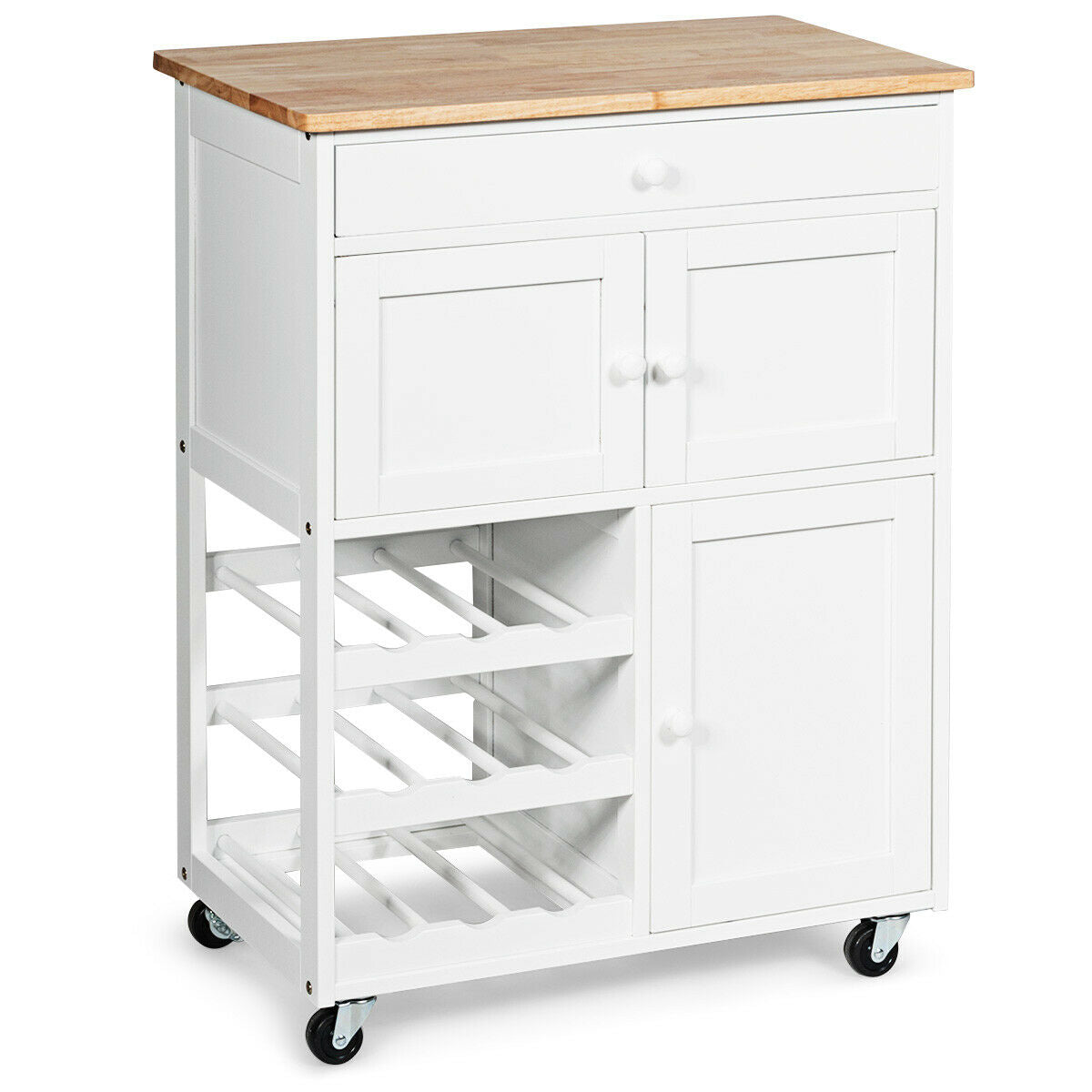 Gymax Modern Rolling Kitchen Cart Trolley Island Storage Cabinet w/DrawerandWine Rack