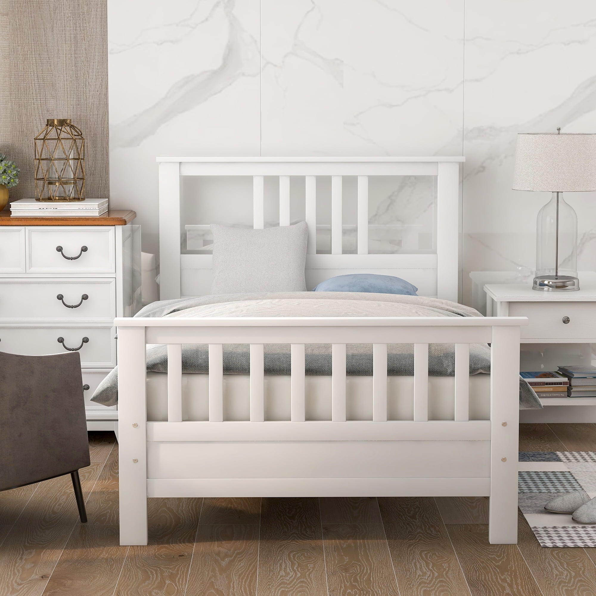 Wood Platform Bed with Headboard and Footboard for Kids, Twin (White)