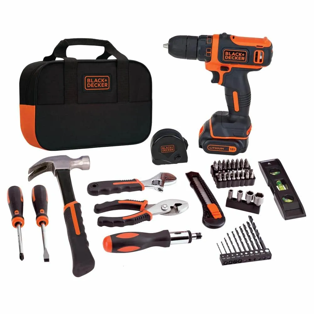 BLACK+DECKER 12V MAX Lithium-Ion Cordless Project Kit (57 Piece) with (1) 1.5Ah Battery, Charger, and Tool Bag BDCDD12PK