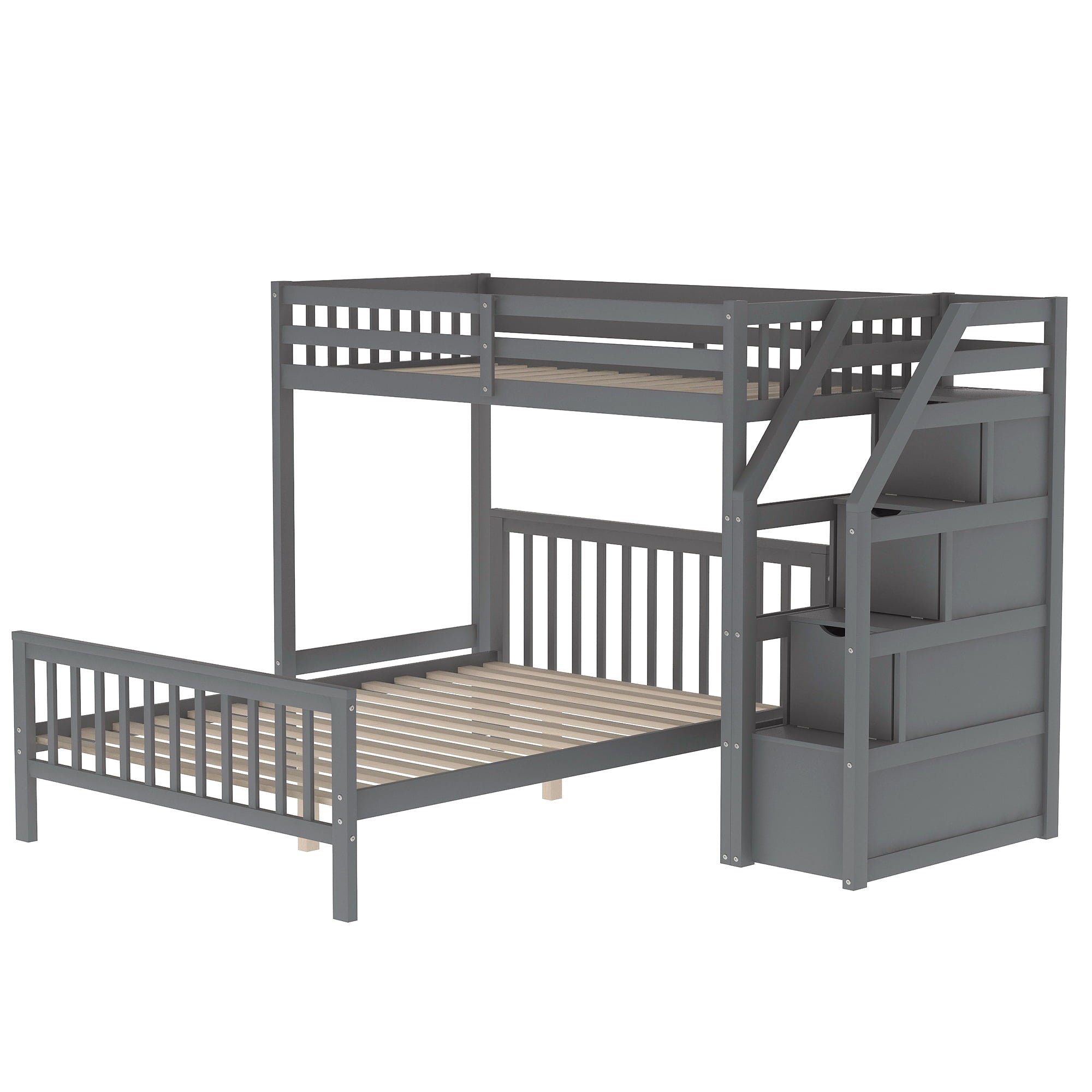 Euroco Wood Stairway Twin Loft Bed with Full Platform and Drawer for Kids