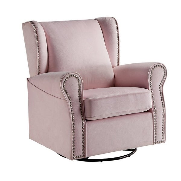 35 Inch Accent Swivel Chair， Glider， Nailhead Trim， Light Pink