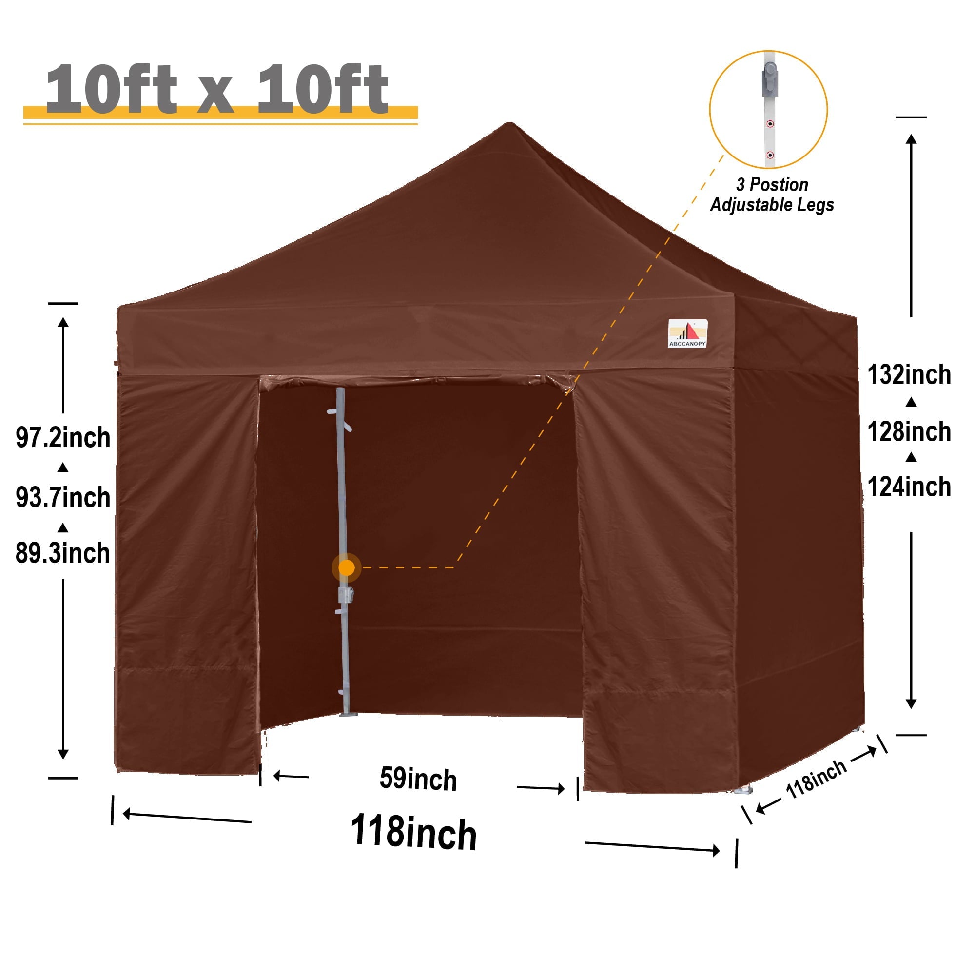 ABCCANOPY 10 ft x 10 ft Metal Pop-Up Commercial Canopy Tent with walls, Brown