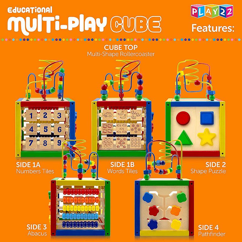 Wooden Activity Play Cube 6 in-1 for Baby with Bead Maze， Shape Sorter， Abacu， Sliding Shapes