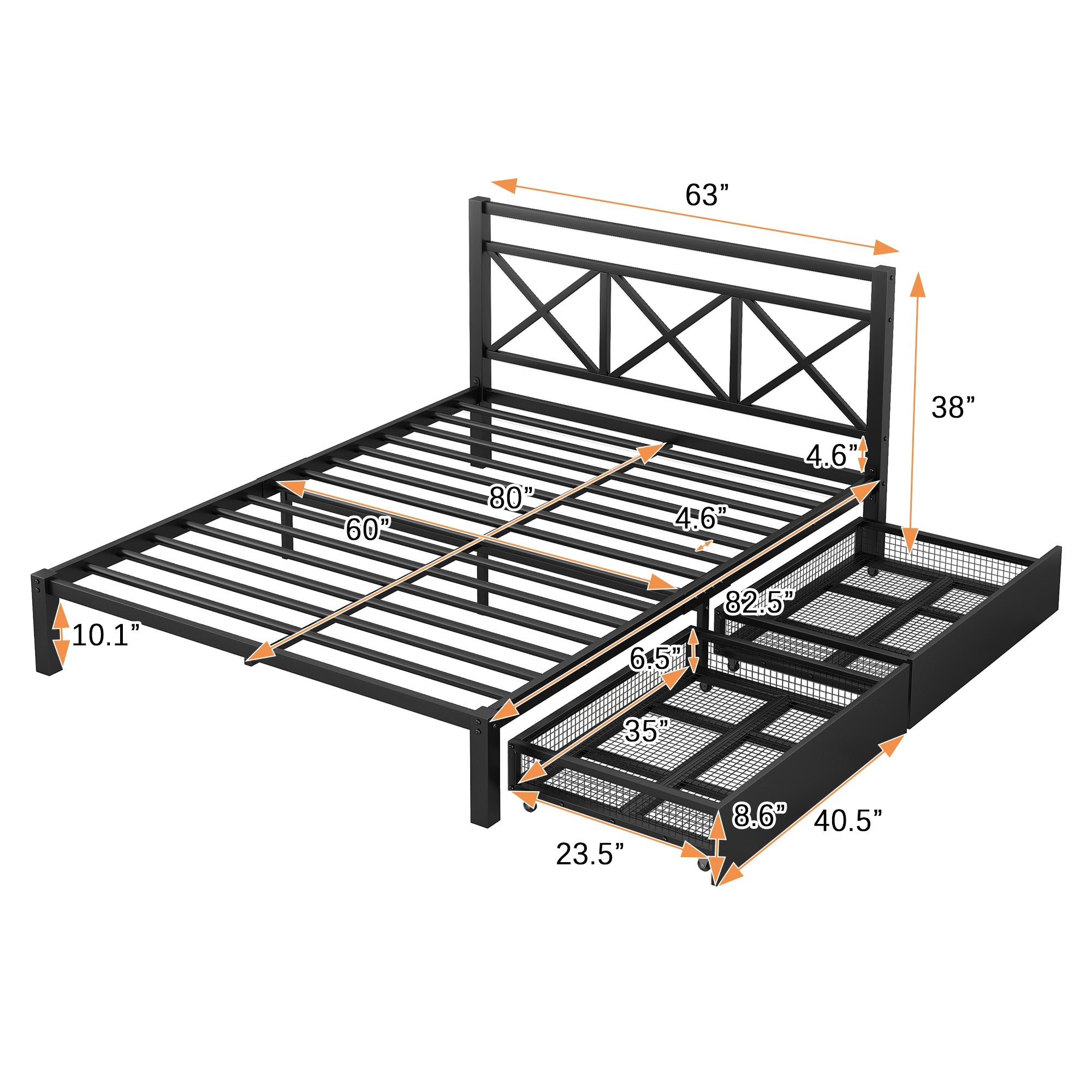 Metal Queen Size Platform Bed with Two Drawers for Living Room, Black