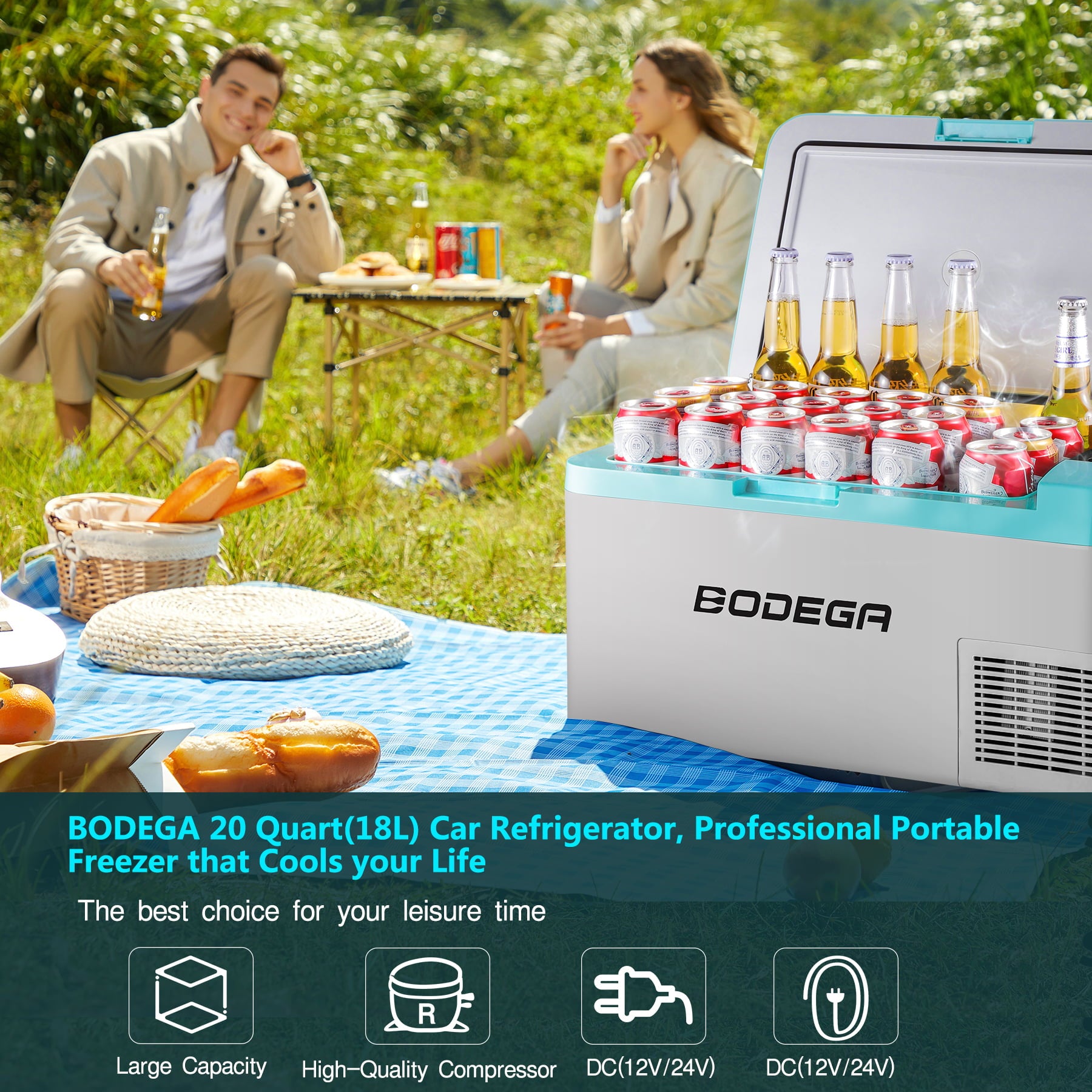 BODEGA 20 Quart Portable Car Refrigerator with Freezer and APP Control, 12/24V DC & 100/240V AC for Vehicles, Car, Truck, RV, Boat, Driving, Camping, Travel, Fishing, Picnic Outdoor and Home Use