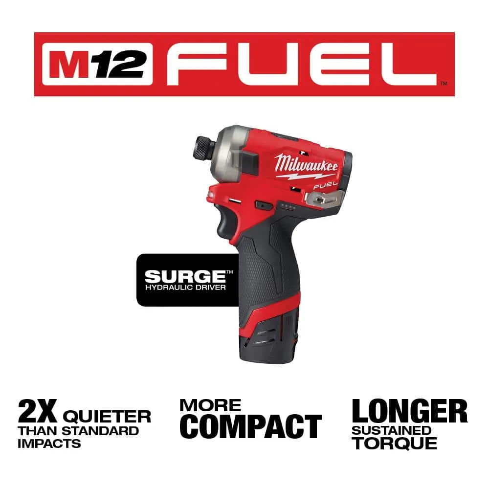 Milwaukee M12 FUEL SURGE 12V Lithium-Ion Brushless Cordless 1/4 in. Hex Impact Driver Compact Kit w/Two 2.0Ah Batteries, Bag 2551-22