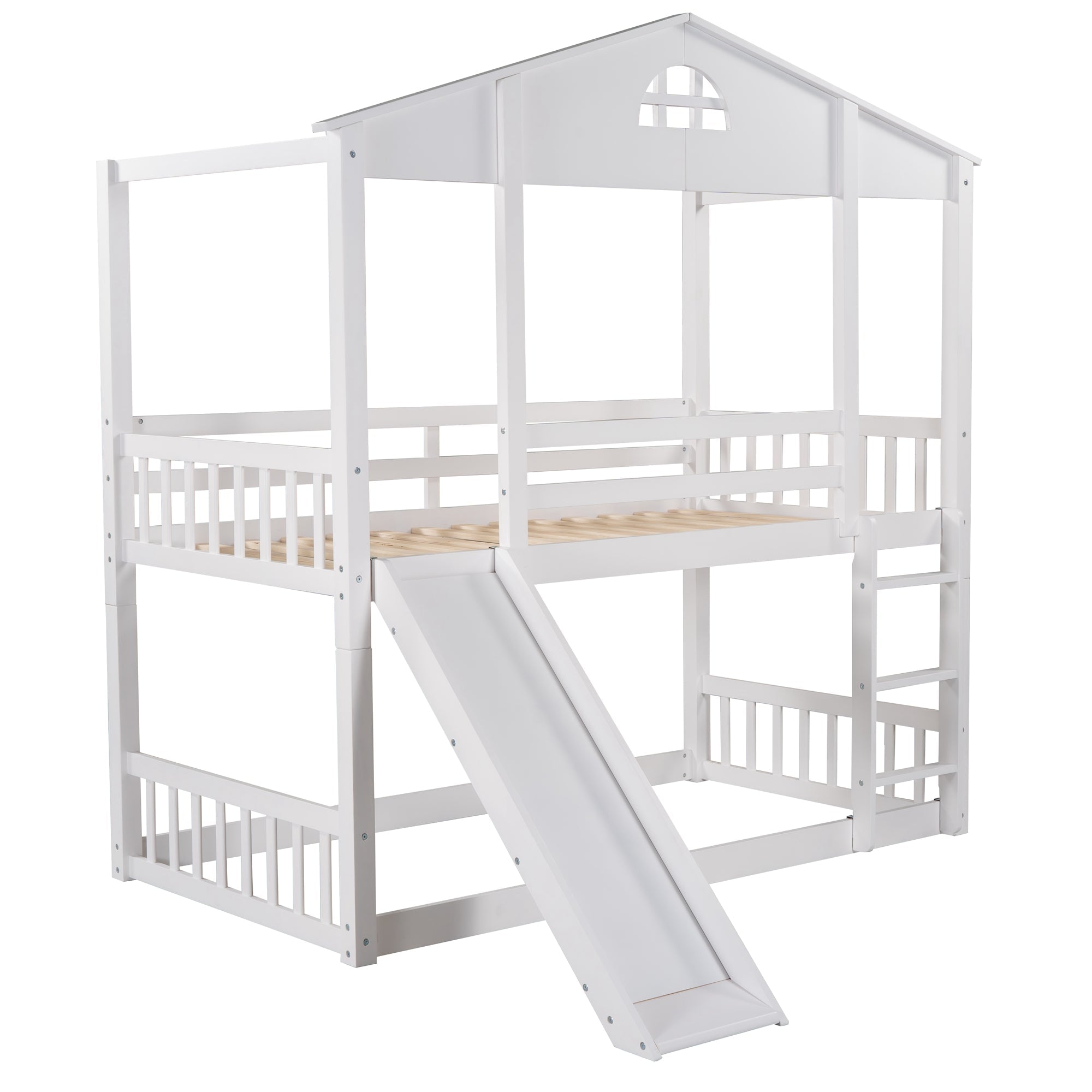 Twin House Bunk Bed with Convertible Slide and Ladder for Kids Room, White
