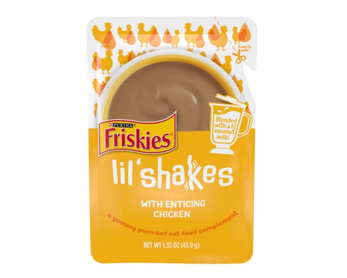 Purina Friskies Pureed Cat Food Topper， Lil’ Shakes With Enticing Chicken Lickable Cat Treats - 1.55 oz. Pouch
