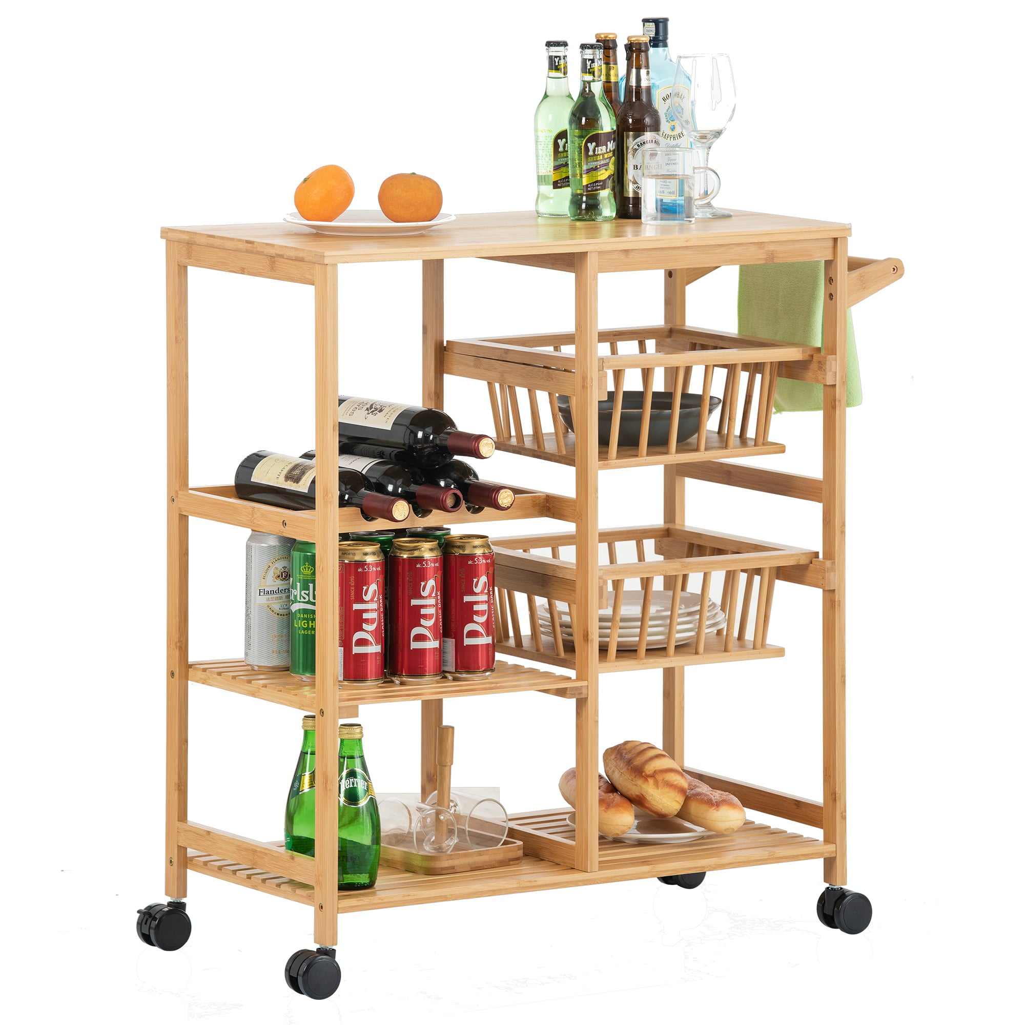 Rolling Kitchen Cart with Storage， BTMWAY Wood Kitchen Bakers Rack 3-Tier Utility Cart on Wheels， Counter Top Table Kitchen Microwave Cart with 2 Baskets， 3 Shelf， Walnut