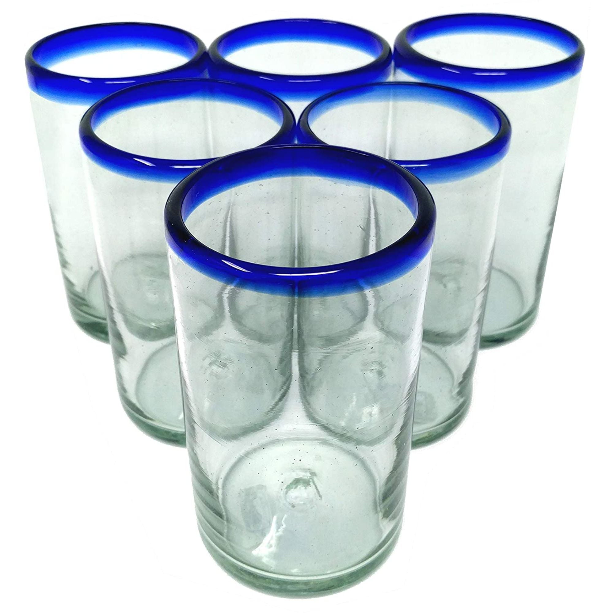 Hand Blown Drinking Glasses – Set of 6 Glasses with Cobalt Blue Rims 14 oz.