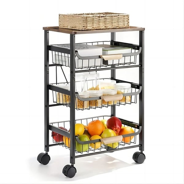 4-Tier Metal Wire Basket Shelf Storage Cart with Lockable Wheels - - 36855420