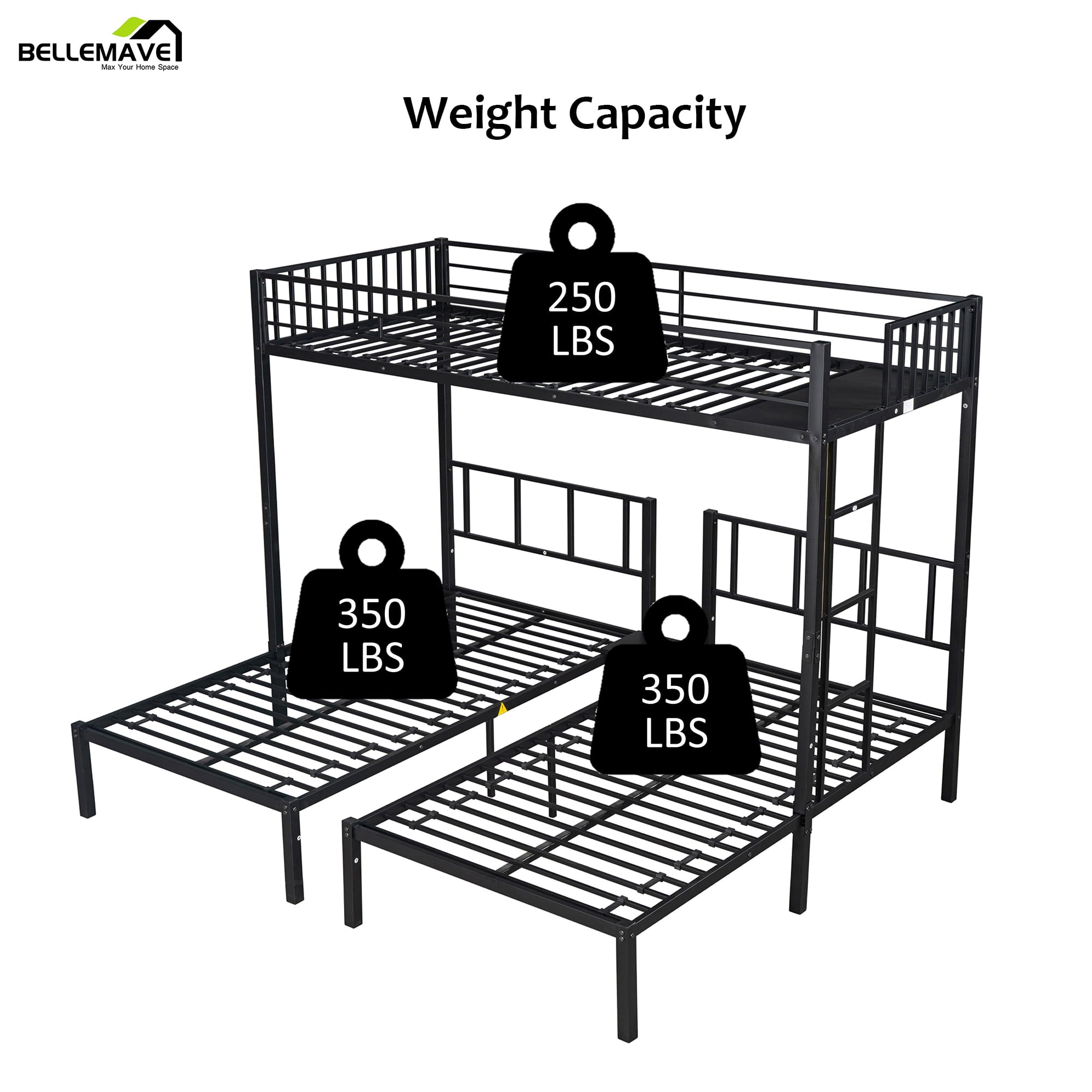 Bellemave Metal Triple Bunk Bed with Ladder, Twin over Twin over Twin Bunk Bed for Kids, Boys & Girls in Bedroom, Convert into 3 Twin Bed, Black