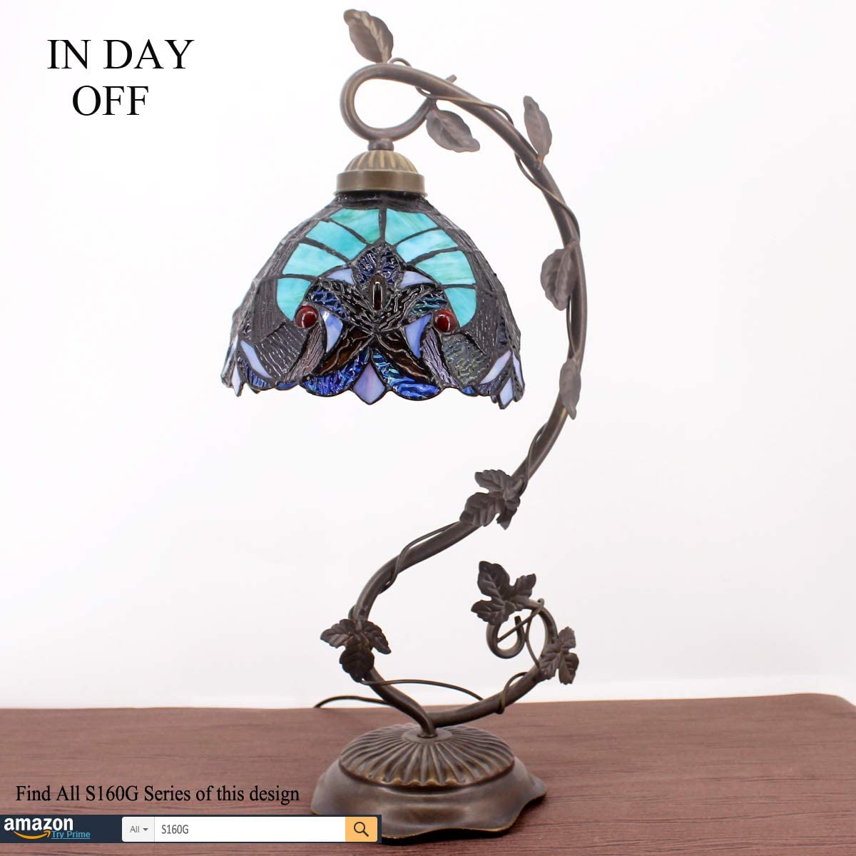 SHADY Stained Glass Lamp  Style Bedside Table Lamp Reading Desk Light  Metal Leaf Base 8X10X21 Inches Decor Small Space Bedroom Home Office S160G Series