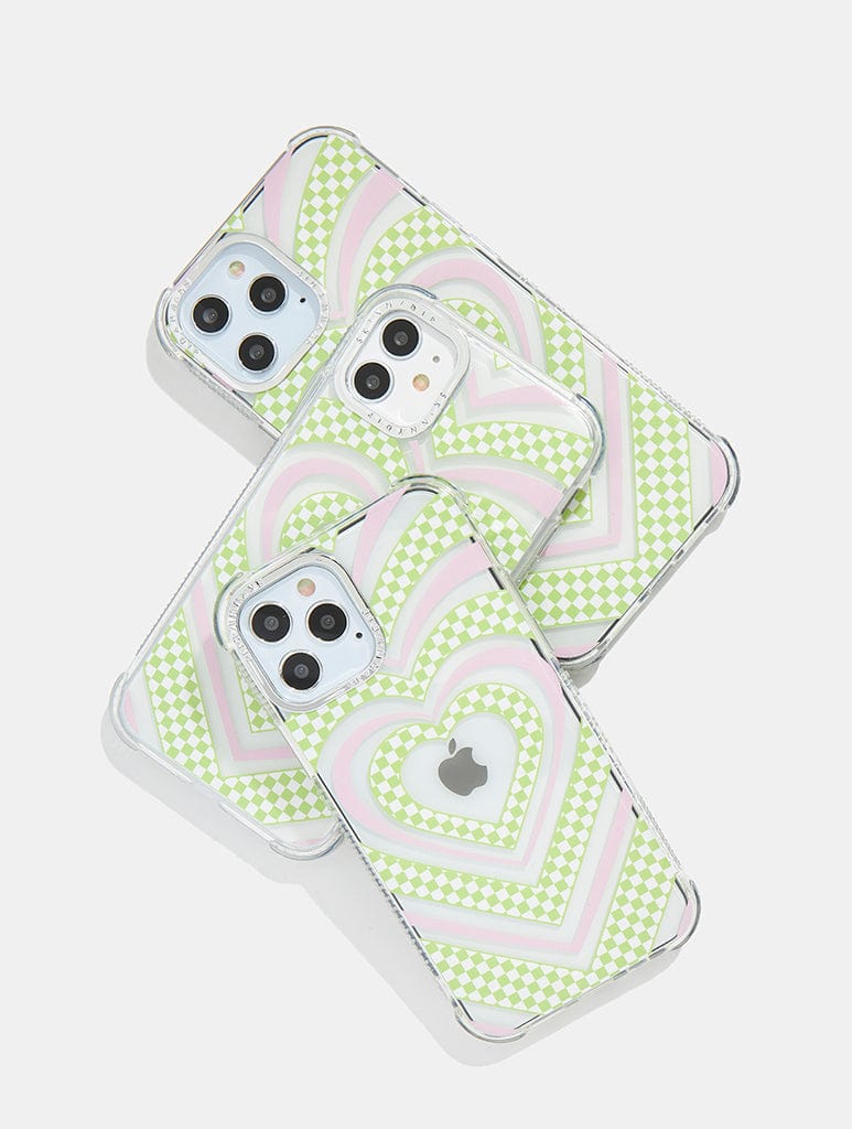 Green and White Checkered Heart Shock iPhone Case