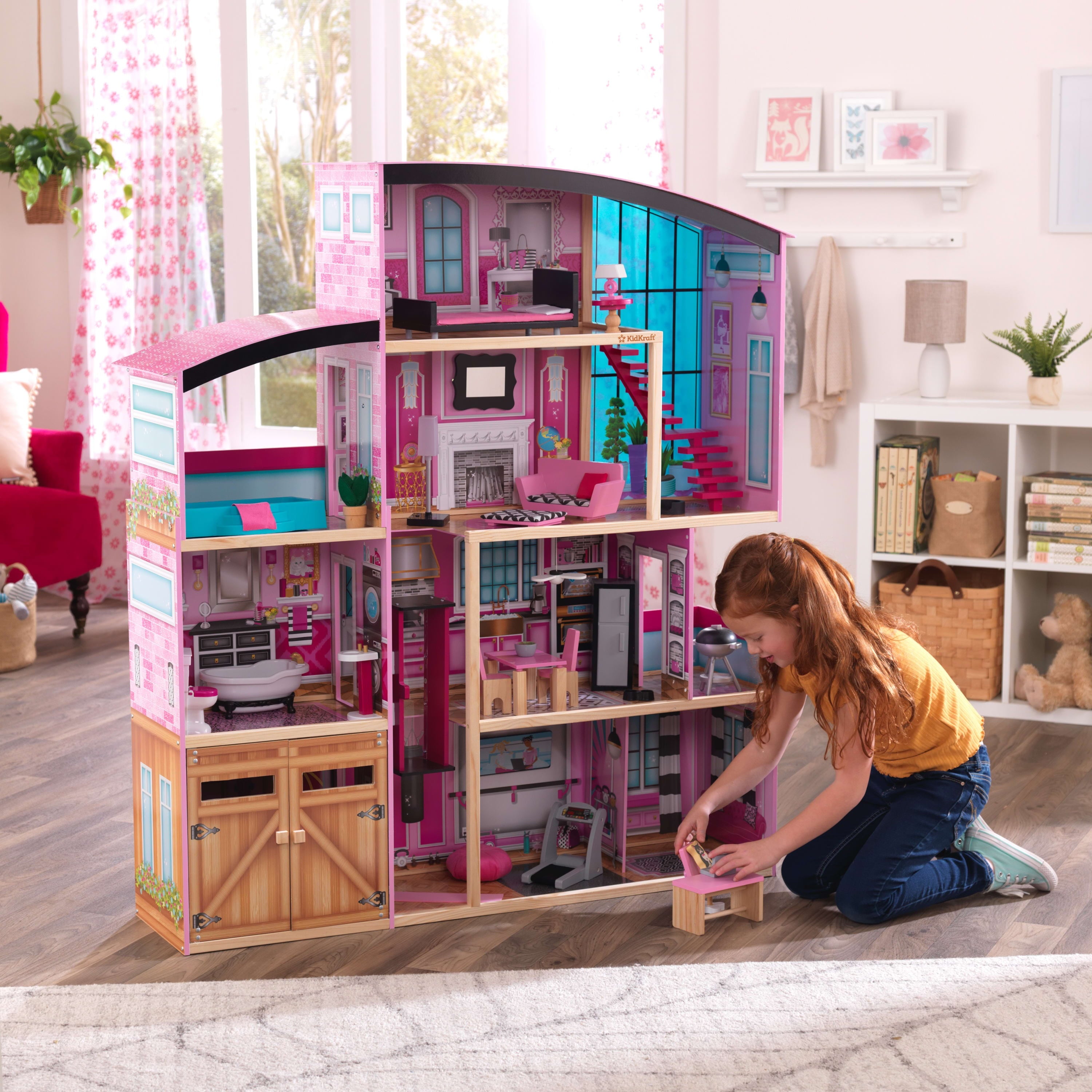 KidKraft Shimmer Mansion Wooden Dollhouse， over 4 Feet Tall， Lights and Sounds and 30 Pieces
