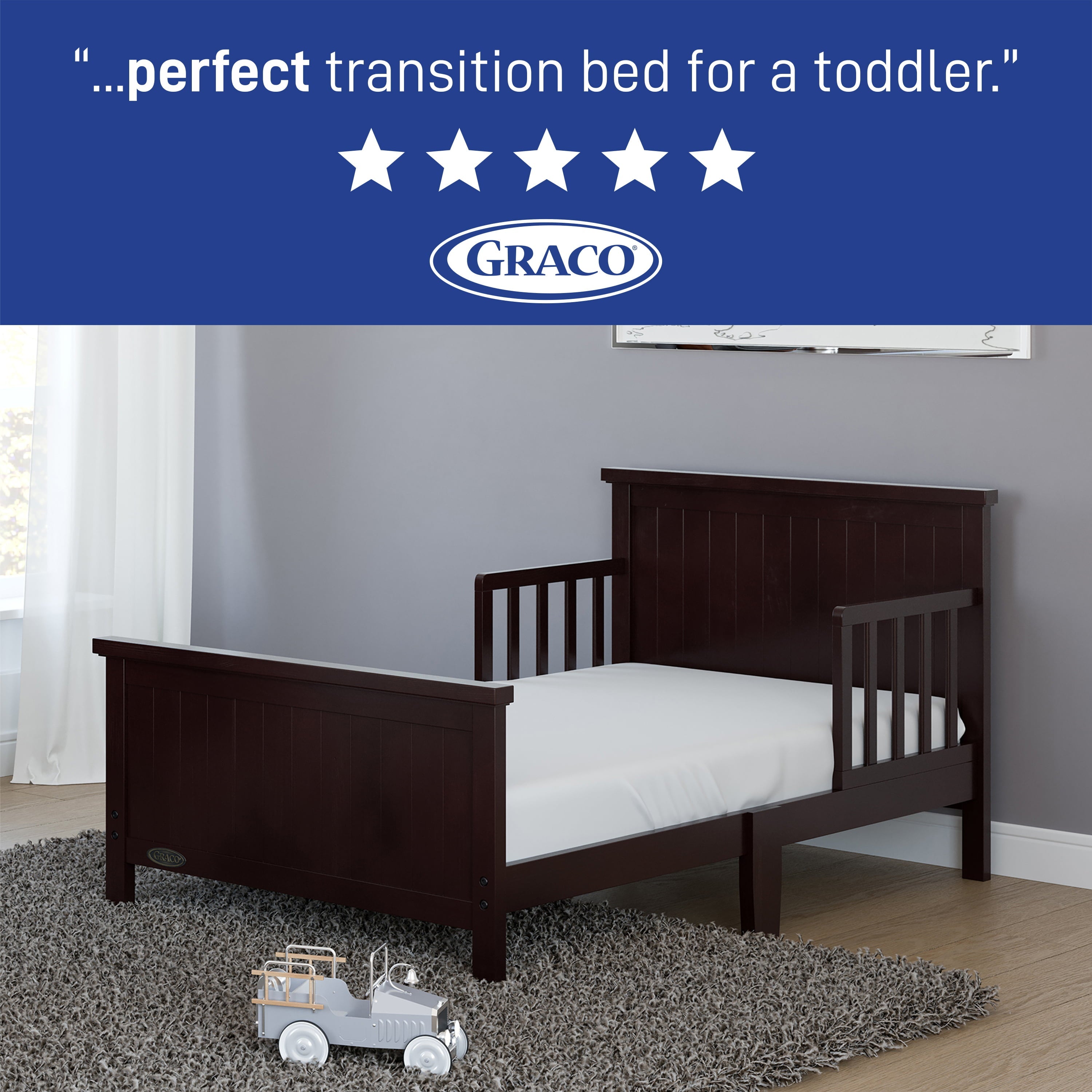 Graco Bailey Wood Single Toddler Kids Bed, Guardrails Included Espresso