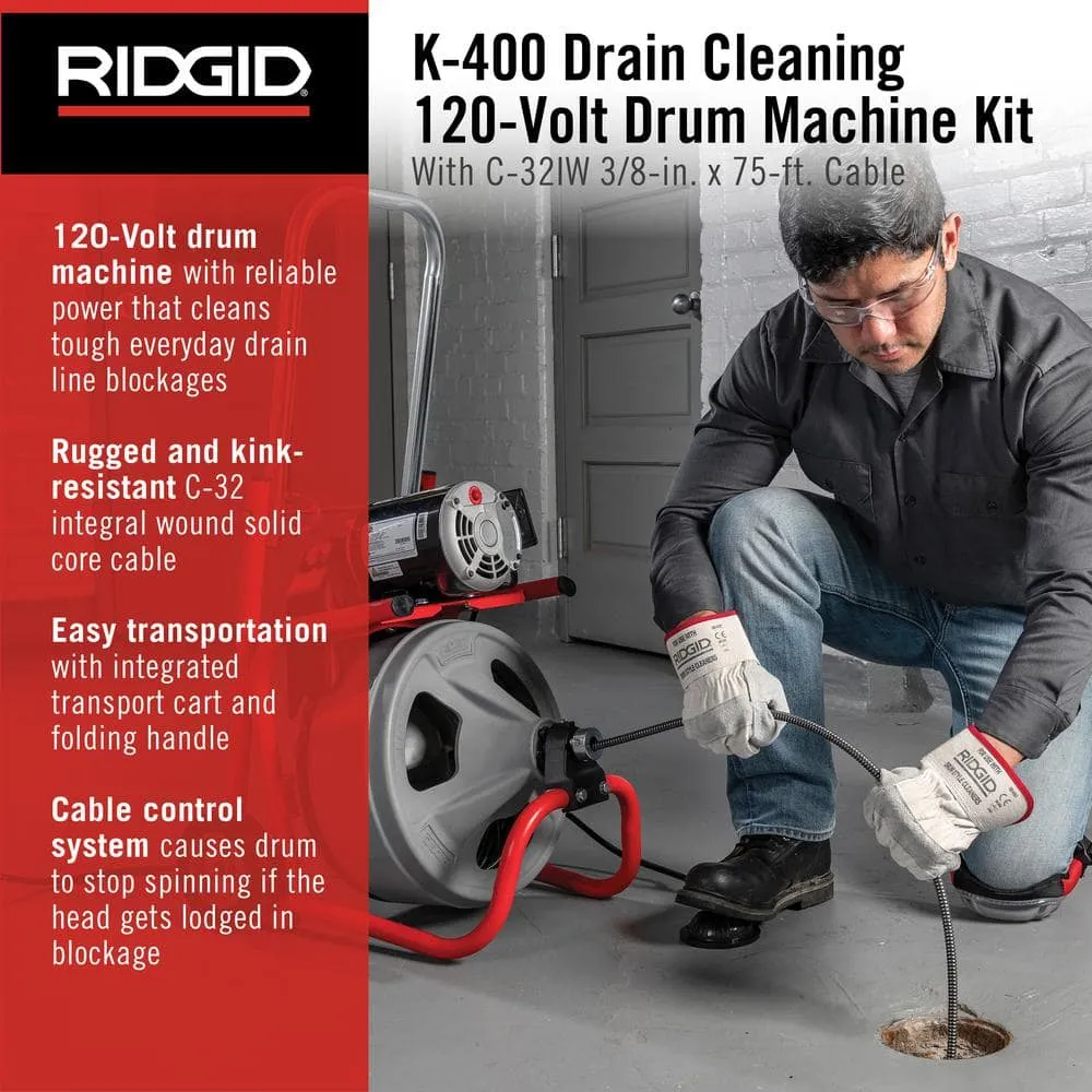 RIDGID K-400 Drain Cleaning Snake Auger 120-Volt Drum Machine with C-32IW 3/8 in. x 75 ft. Cable + 4-Piece Tool Set & Gloves 52363