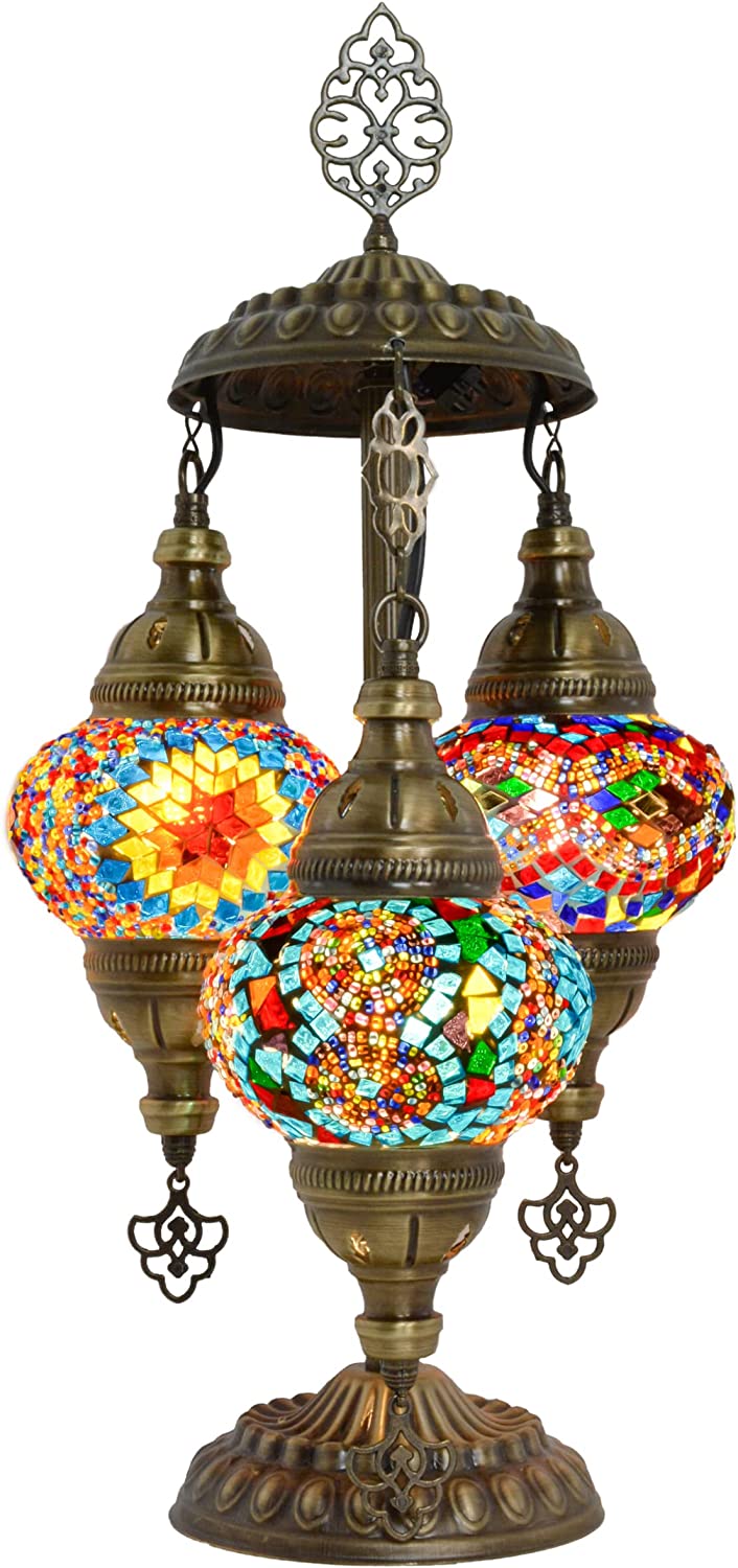 SHADY  Style Turkish Stained Glass Table Lamp  3 Globe Mosaic Moroccan Desk Light  Bohemian Vintage Bedroom Nightstand  Antique Handmade Rustic Decor Colorful Lighting (Cappadocia