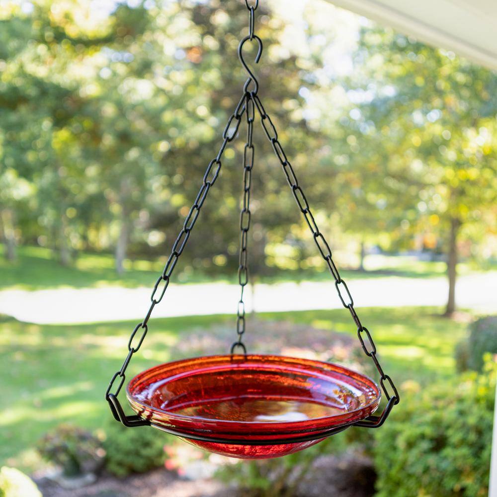 ACHLA DESIGNS 12.5 in. Tall Red Crackle Glass Hanging Birdbath Bowl BBH-02R