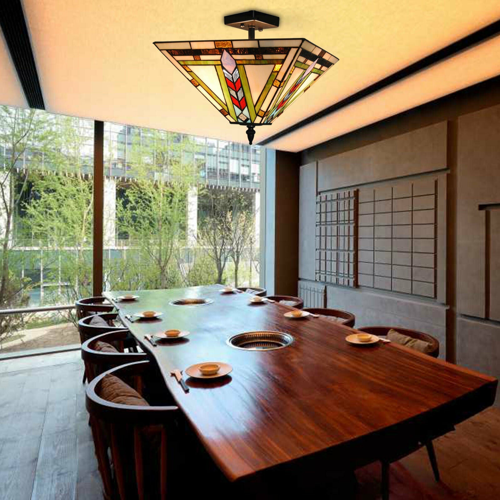 Oukaning Recessed Ceiling Lamp Stained Glass Classic Style Suitable For Indoor Use