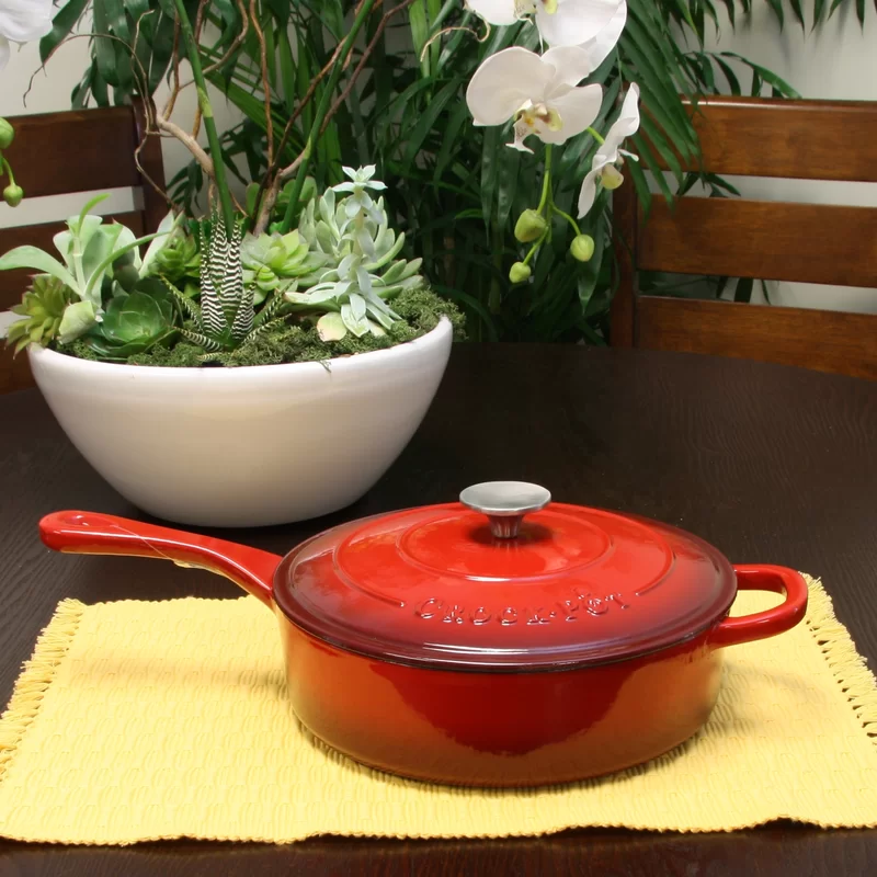 Crock Pot Artisan 3.5 Quart Enameled Cast Iron Deep Sauté Pan， Scarlet Red