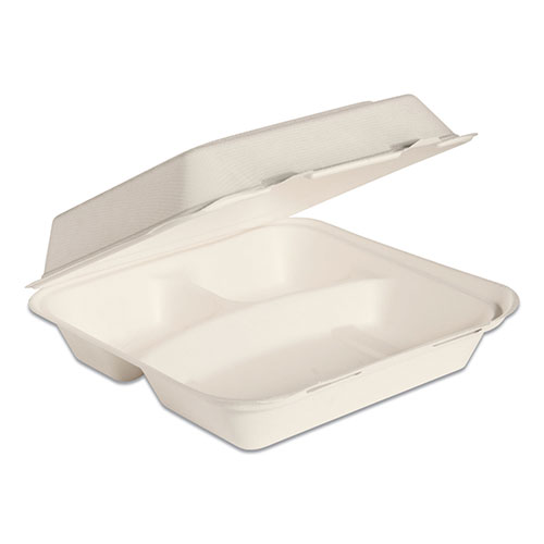 Dart Container Dart Bare by Solo Eco-Forward Bagasse Hinged Lid Containers | 3-Compartment， 9.6 x 9.4 x 3.2， Ivory， 200