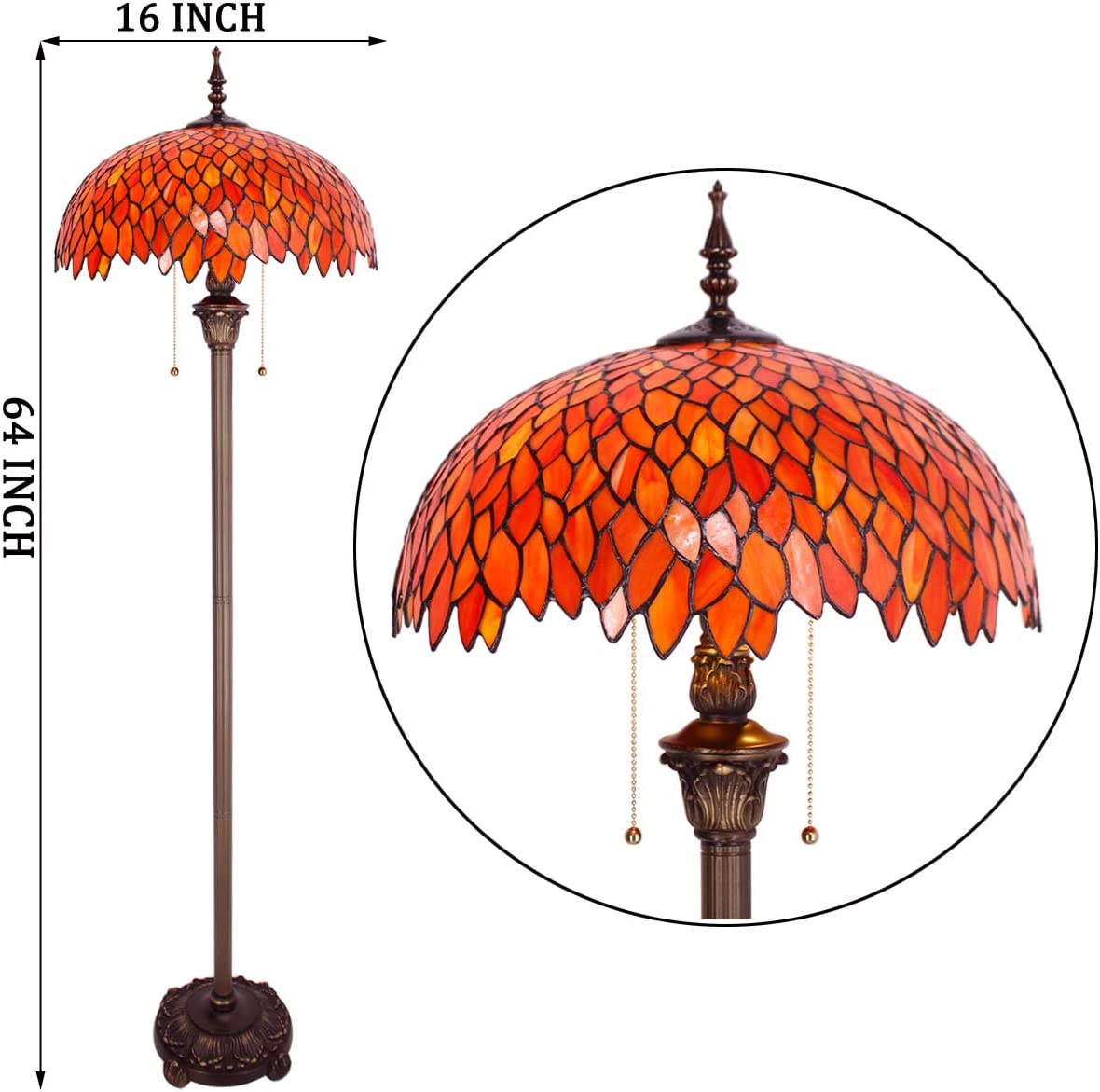 BBNBDMZ  Floor Lamp Red Wisteria Stained Glass Standing Reading Light 16X16X64 Inches Antique Pole Corner Lamp Decor Bedroom Living Room  Office S523R Series