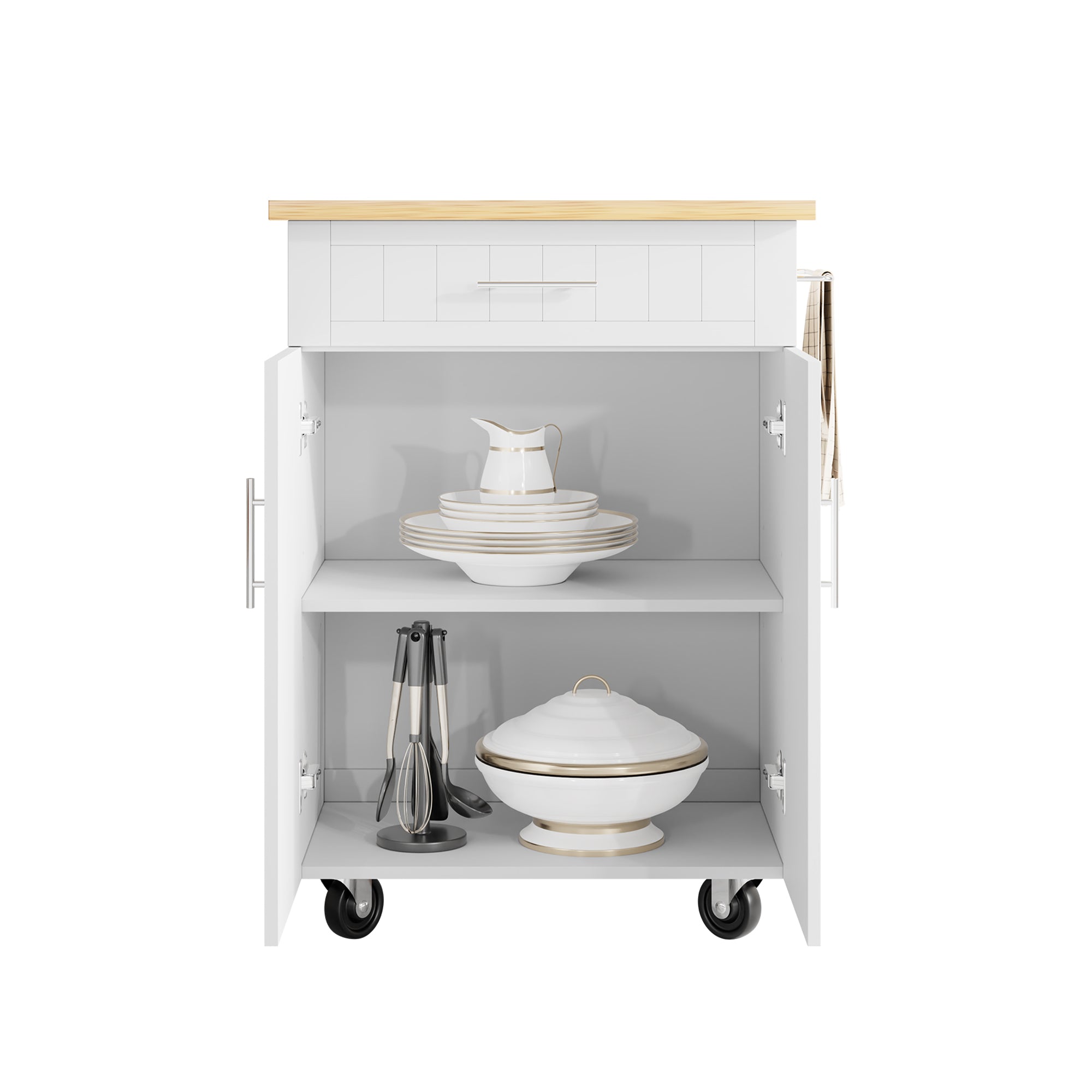 Walsunny Kitchen Island Cart with Towel Holder， Rolling Kitchen Storage Cabinet on Wheels with Drawer and Open Shelf for Kitchen， Living Rooms， Bars（White）